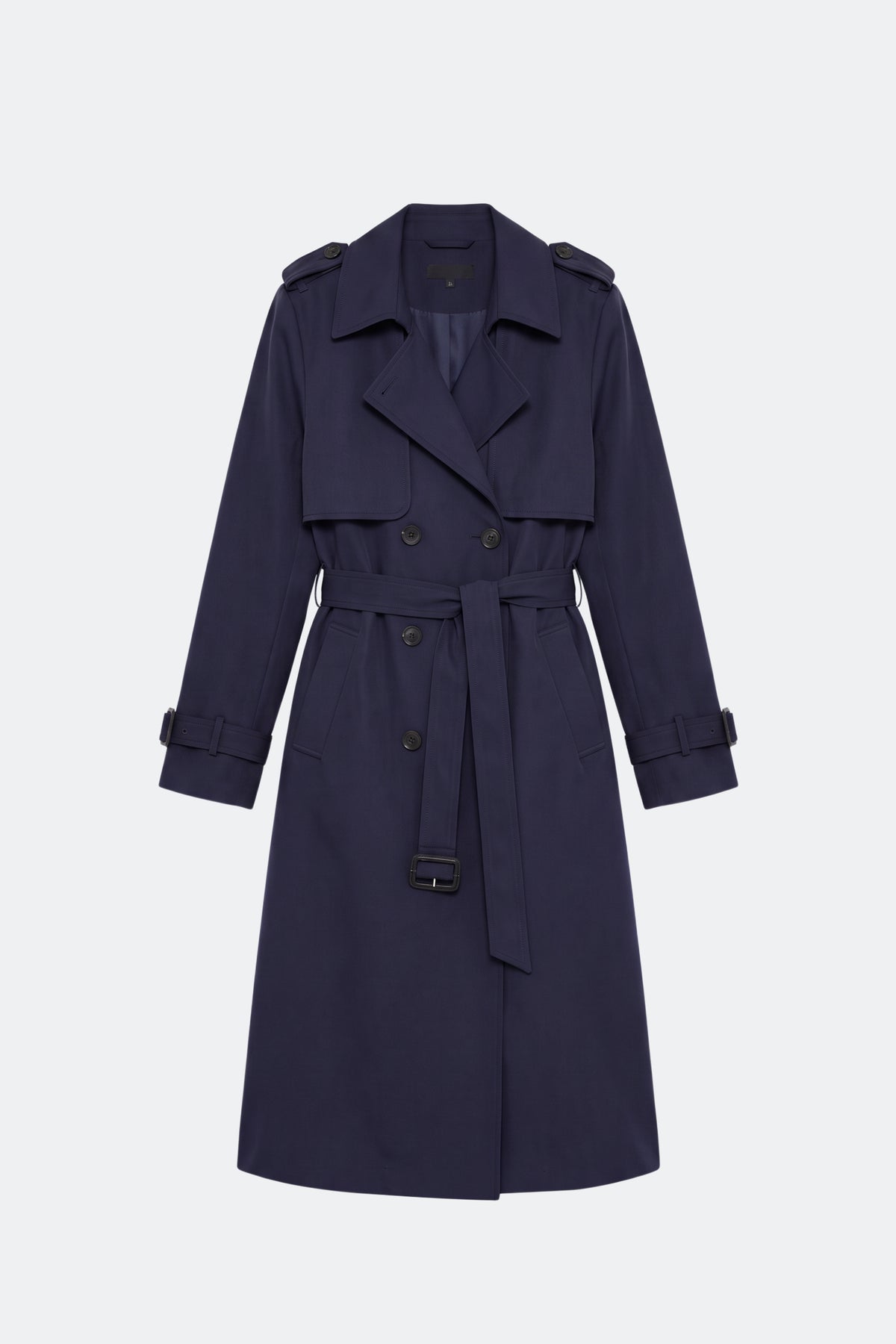 Navy long trench coat women, front
