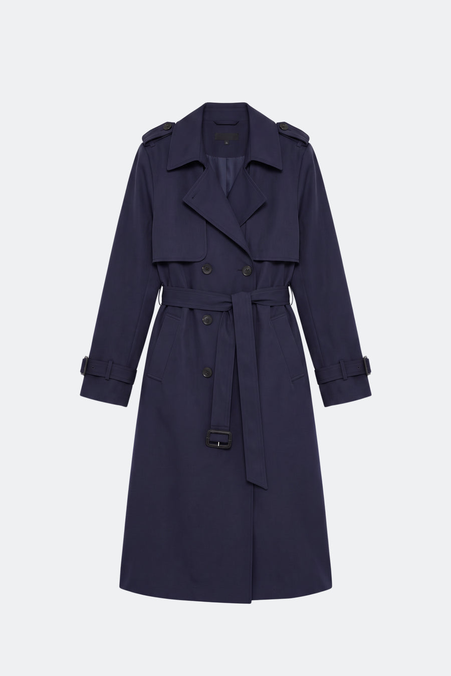 Navy long trench coat women, front