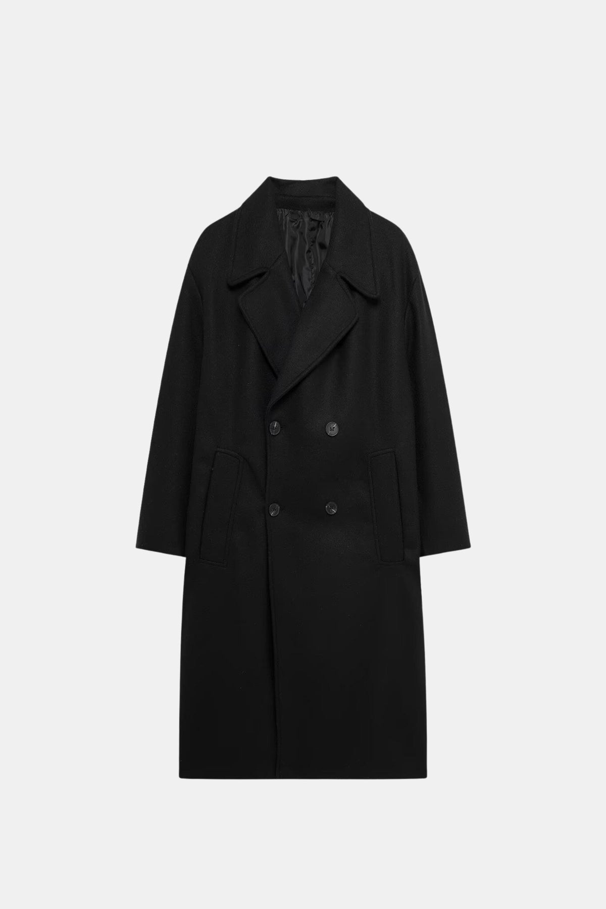 Long black coat double breasted oversized women, front
