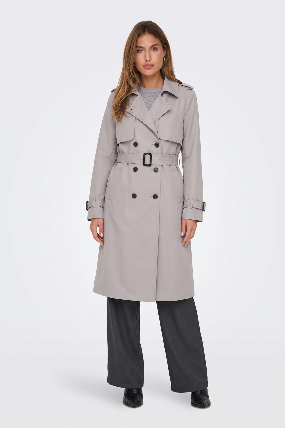 Grey belted trench coat on model, front view