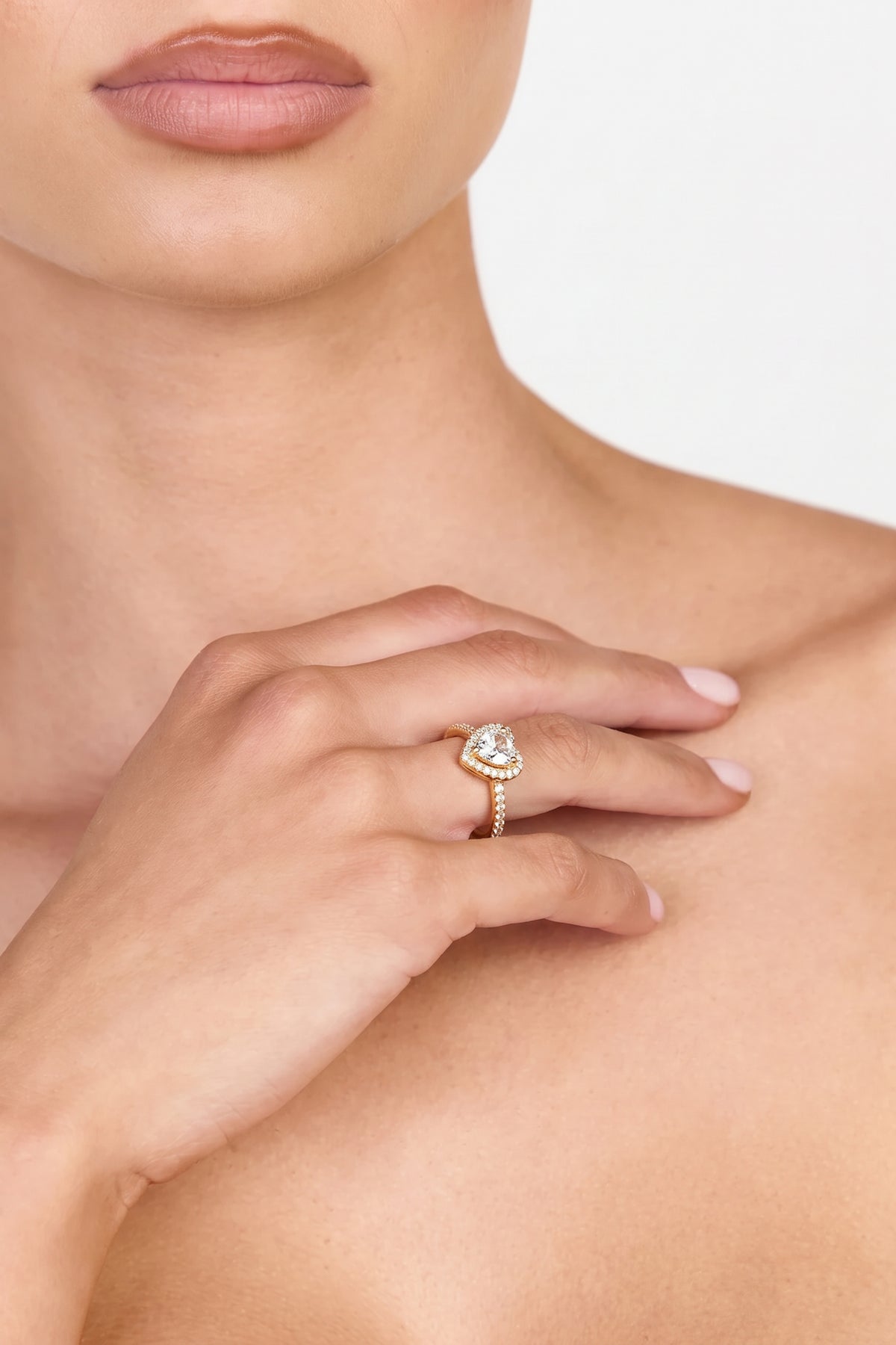 Gold Plated Ring Heart Halo Crystal