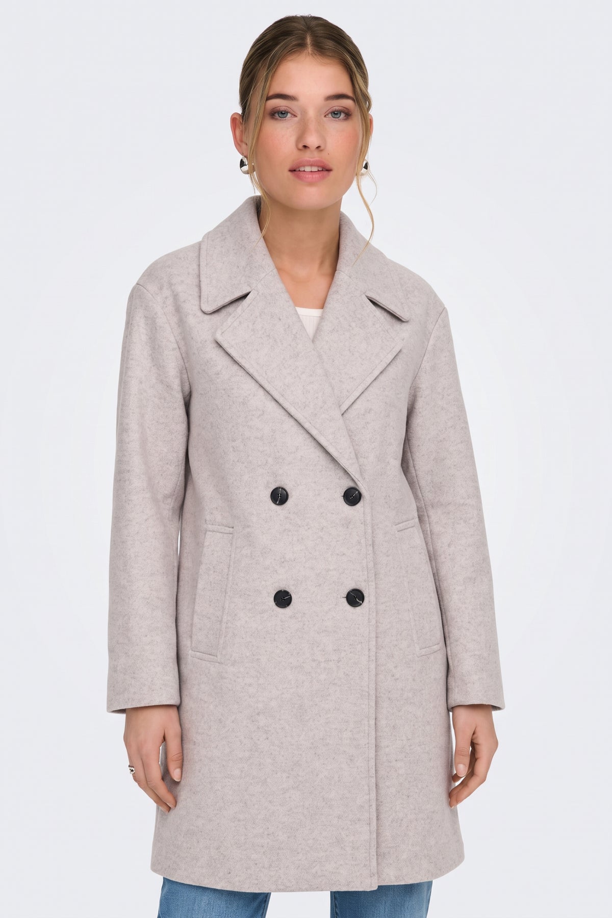 Light grey long double-breasted coat with black buttons, on model