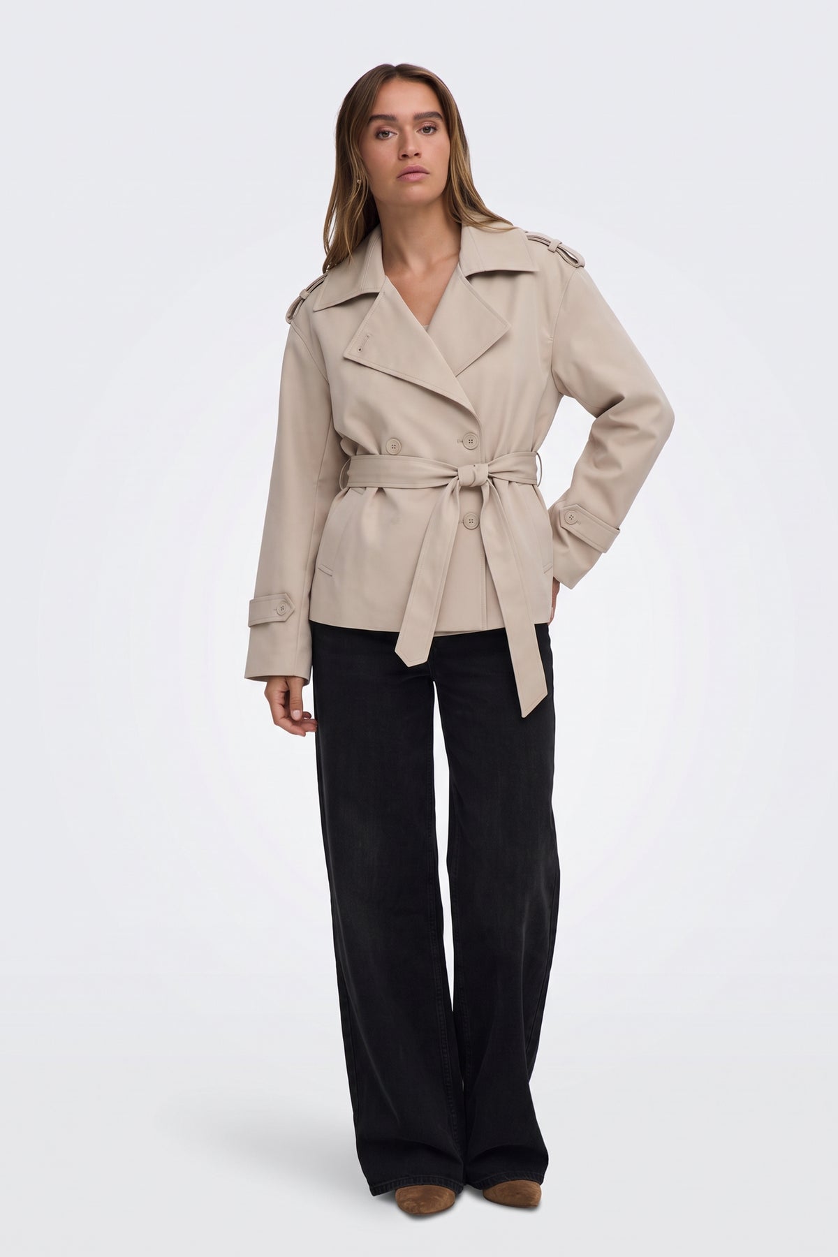 Stone short trench jacket full length on model