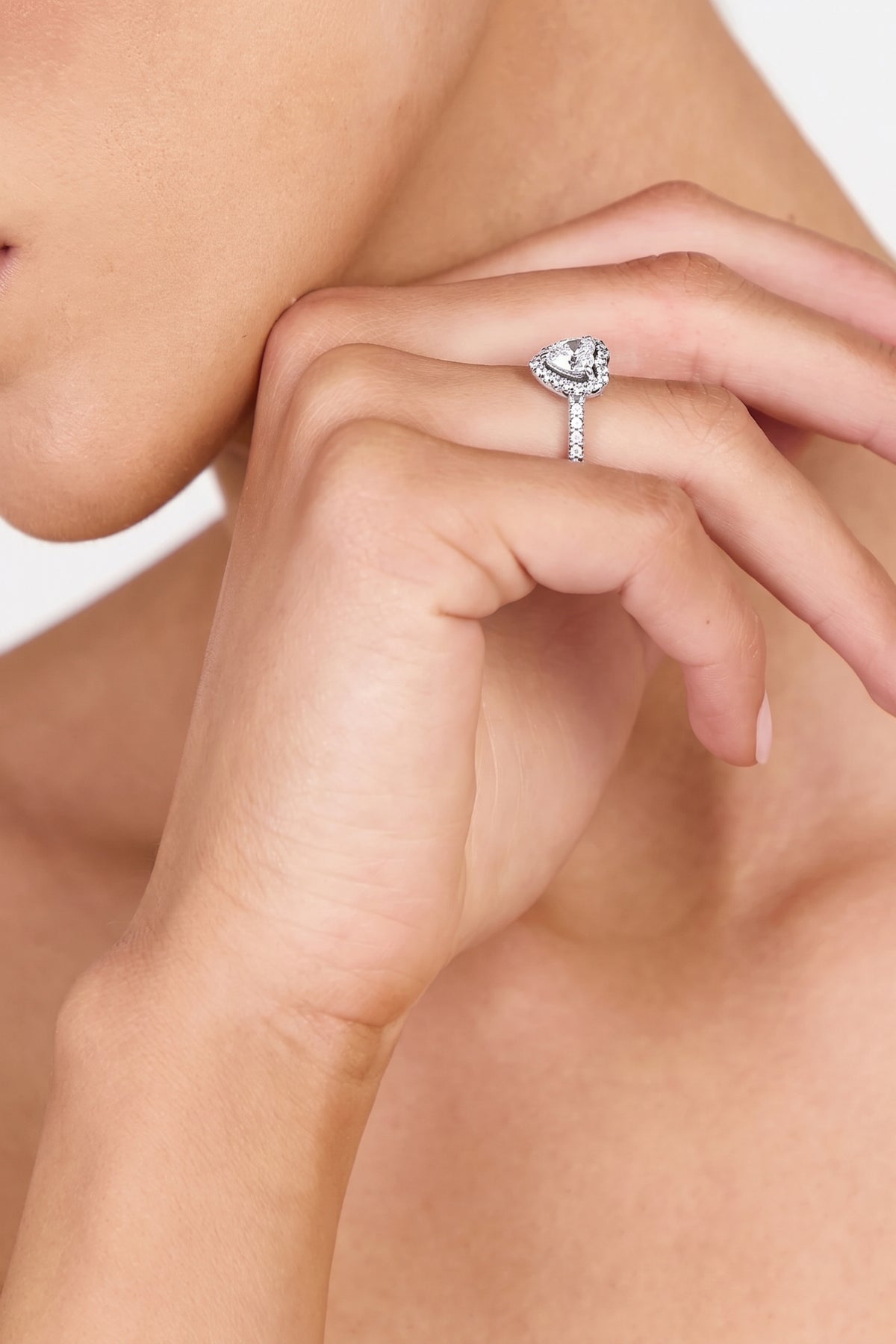 Silver Plated Ring Heart Halo Crystal
