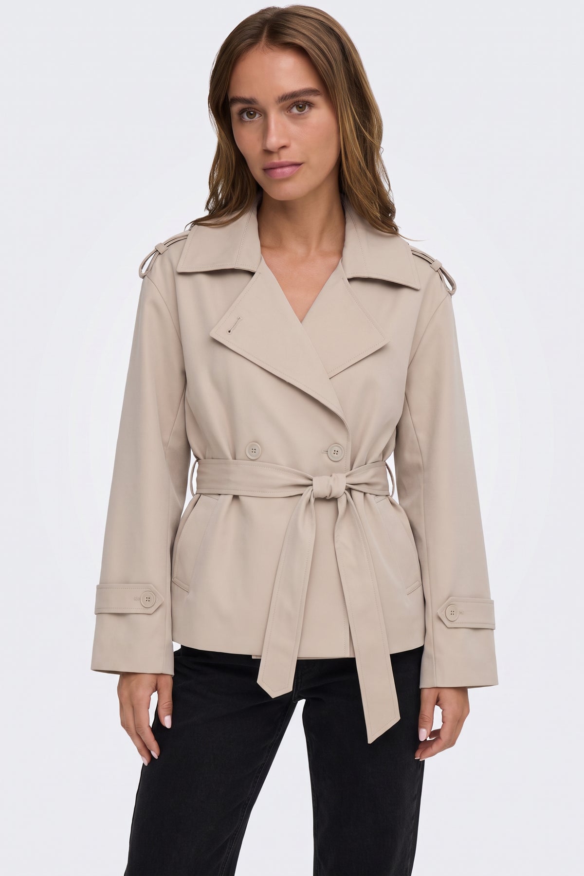 Stone wrap trench jacket tied at the waist