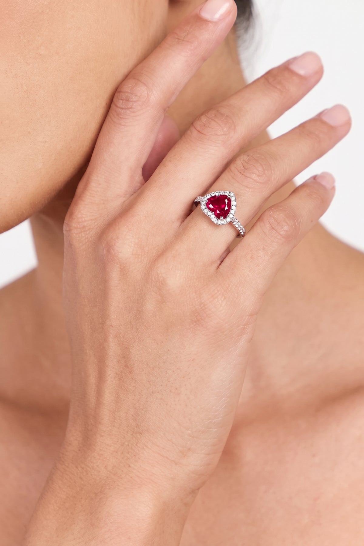 Silver Plated Ring Red Heart Halo