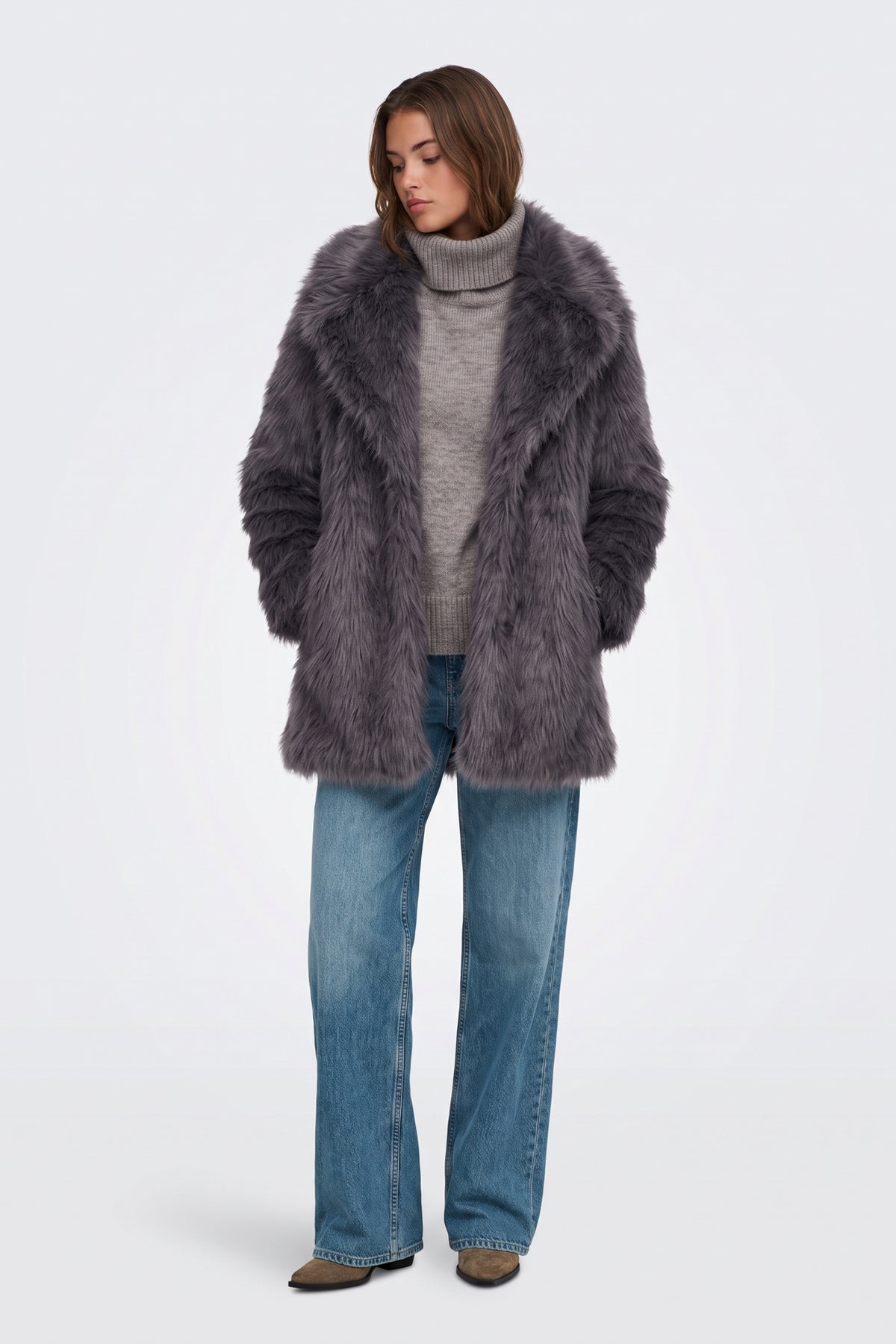 Grey longline faux fur coat full length on model