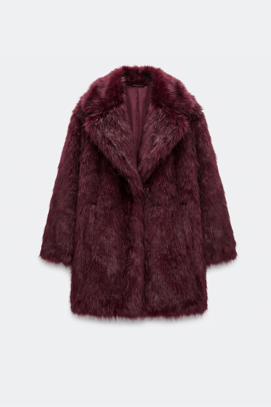 Burgundy faux fur coat women, front