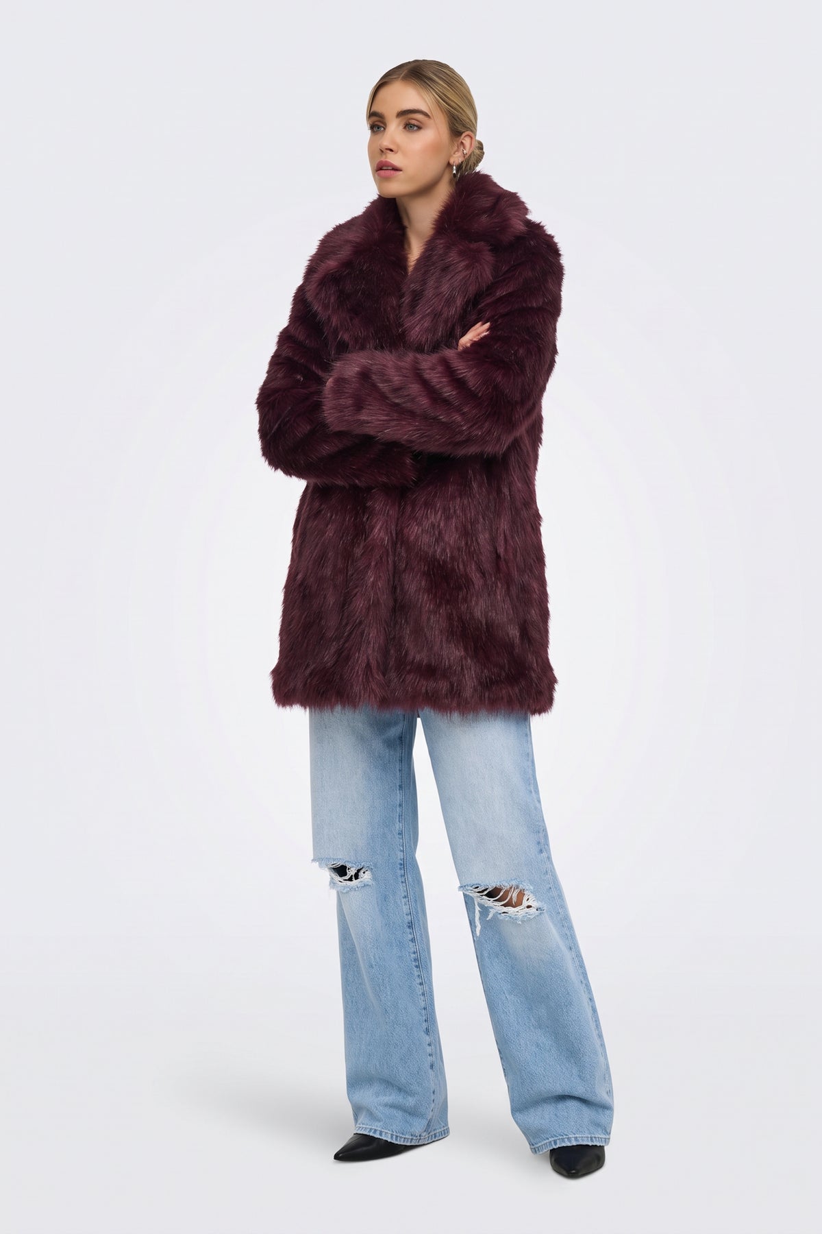 Burgundy longline faux fur coat full length on model