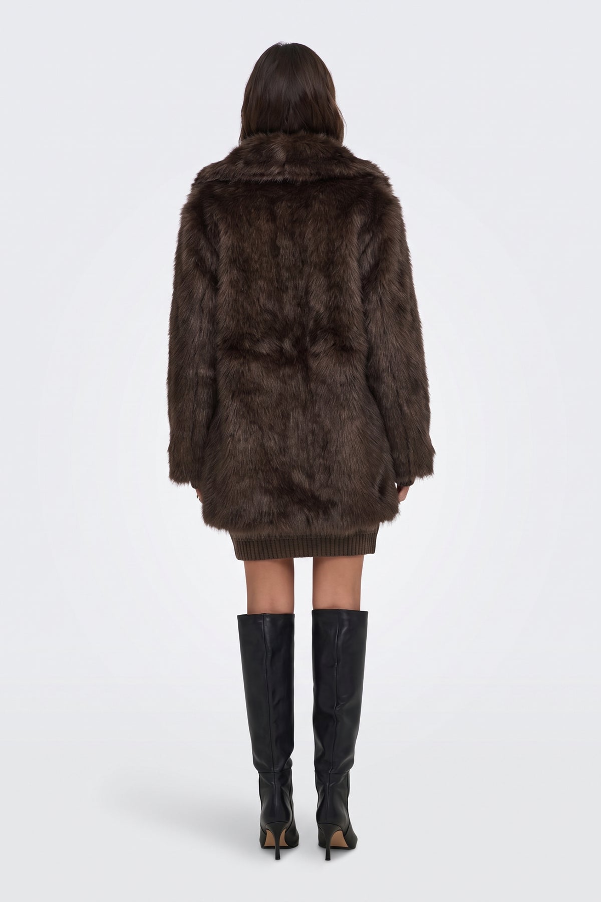 Brown faux fur coat back view