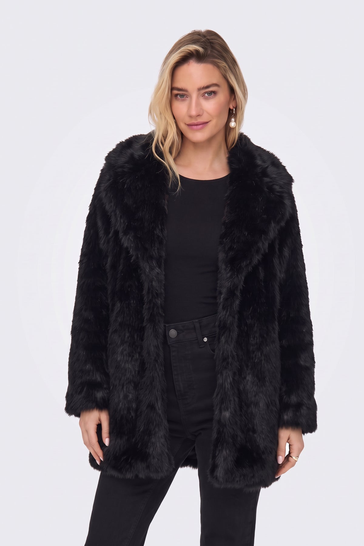 Black longline faux fur coat on model, front view