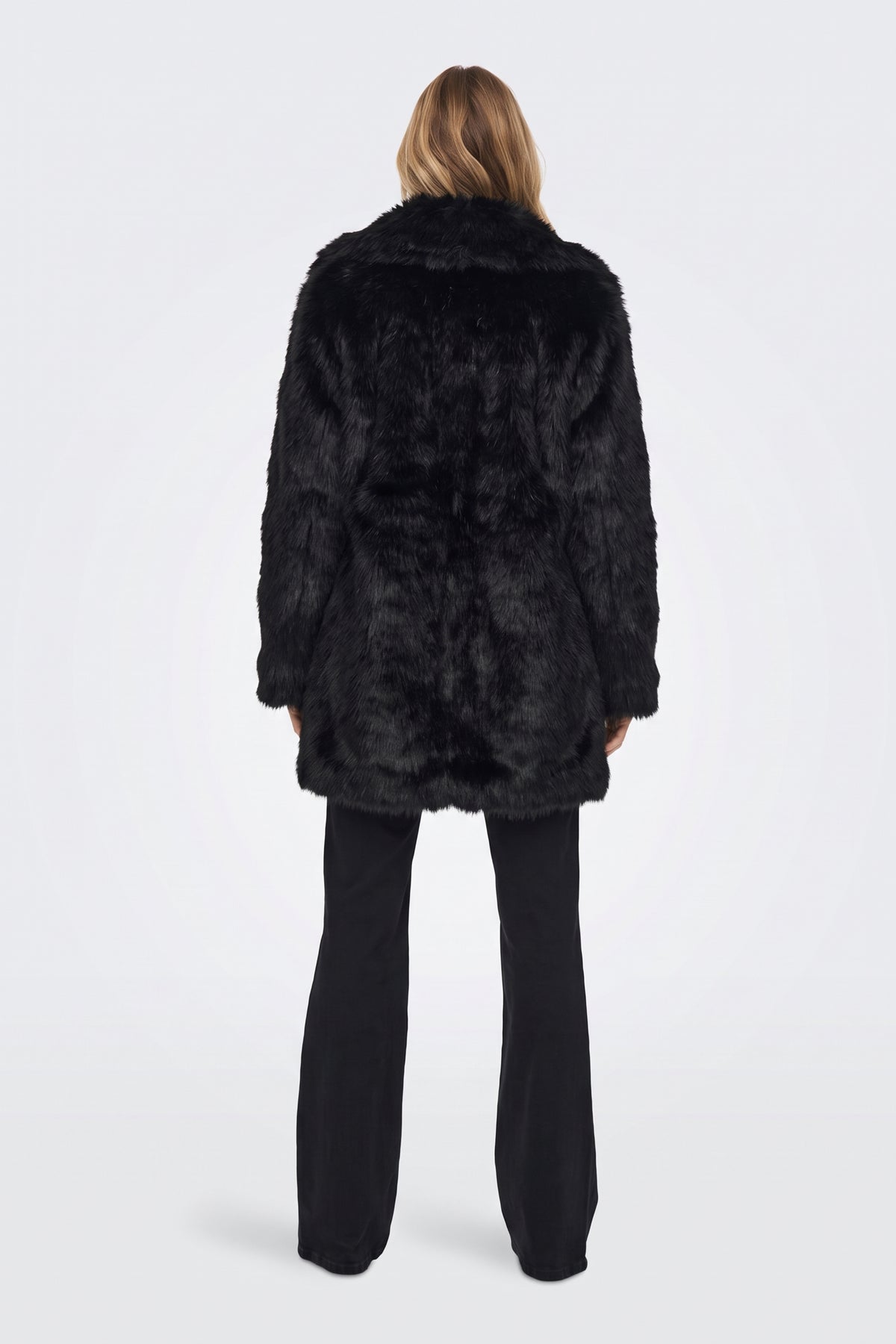 Black faux fur coat back view