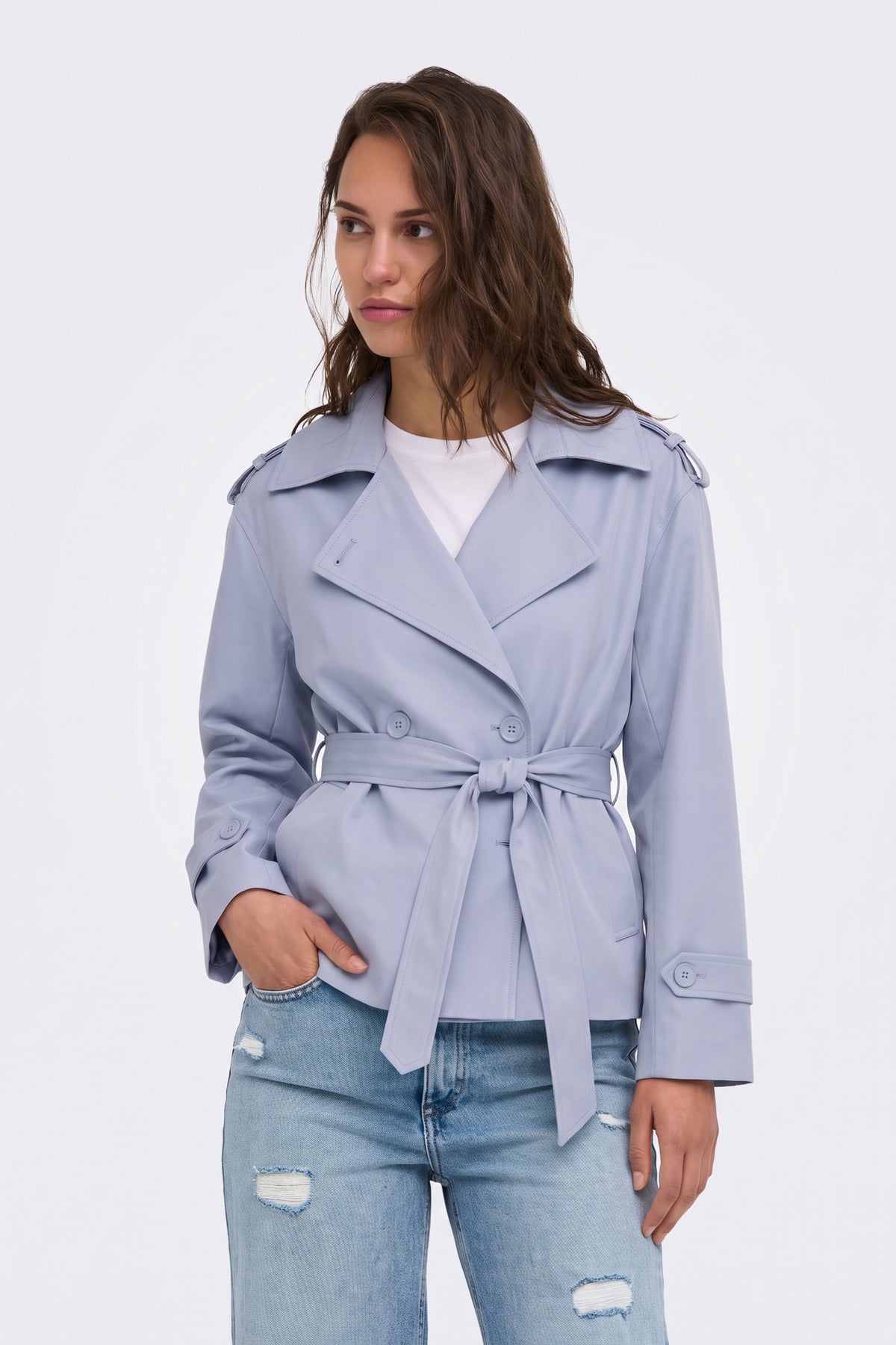 Lilac short belted trench jacket on model, front view