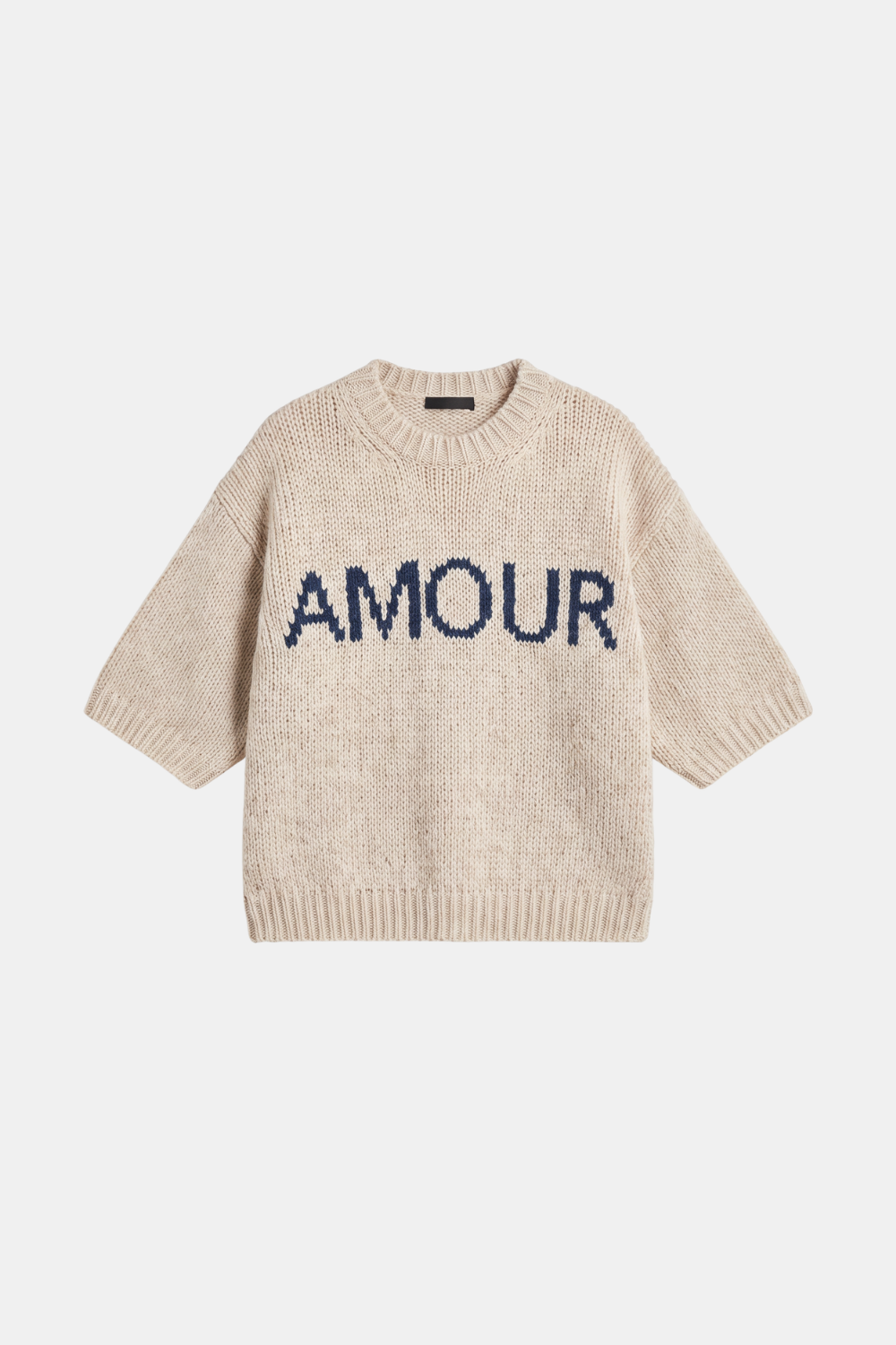 Beige jumper short sleeve slogan cropped women, front