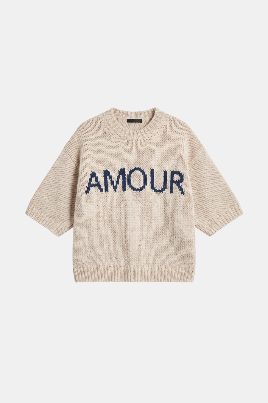 Beige jumper short sleeve slogan cropped women, front