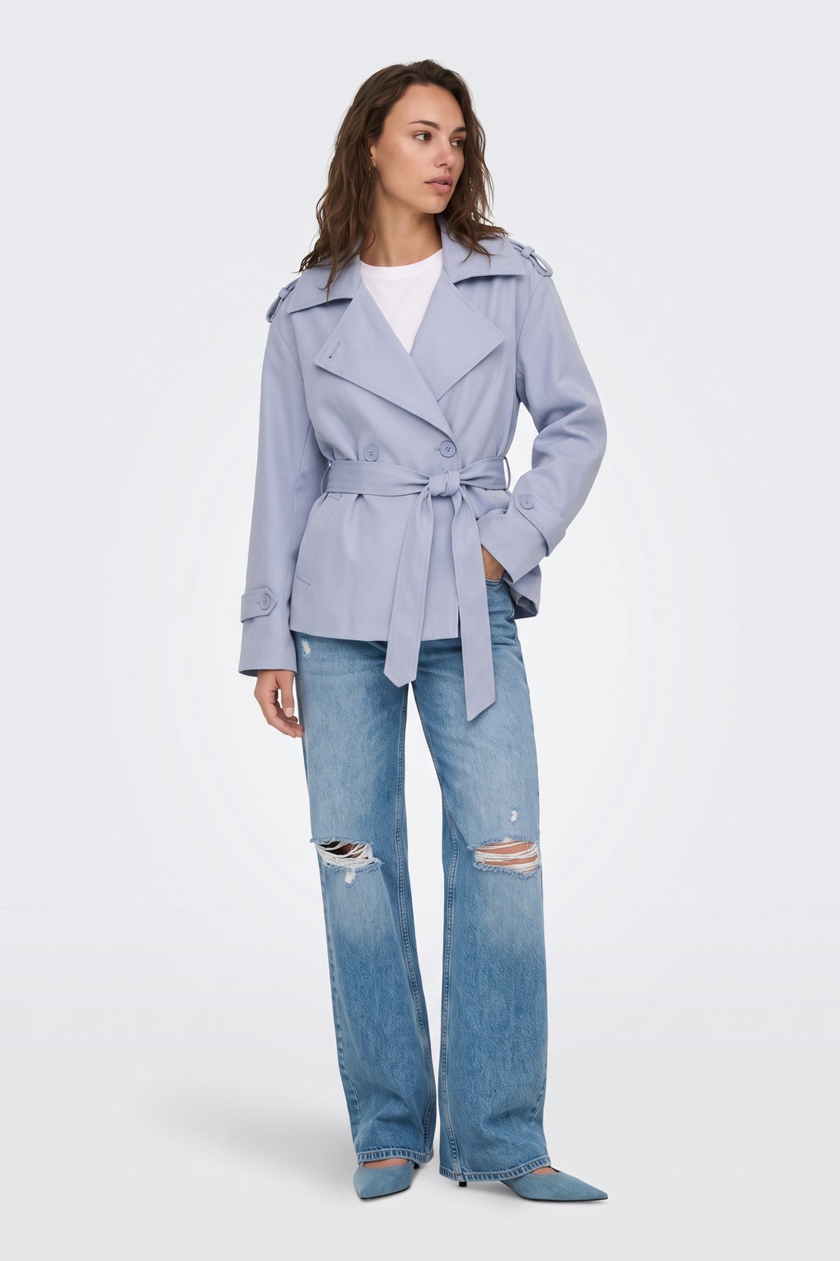 Lilac short trench jacket full length on model