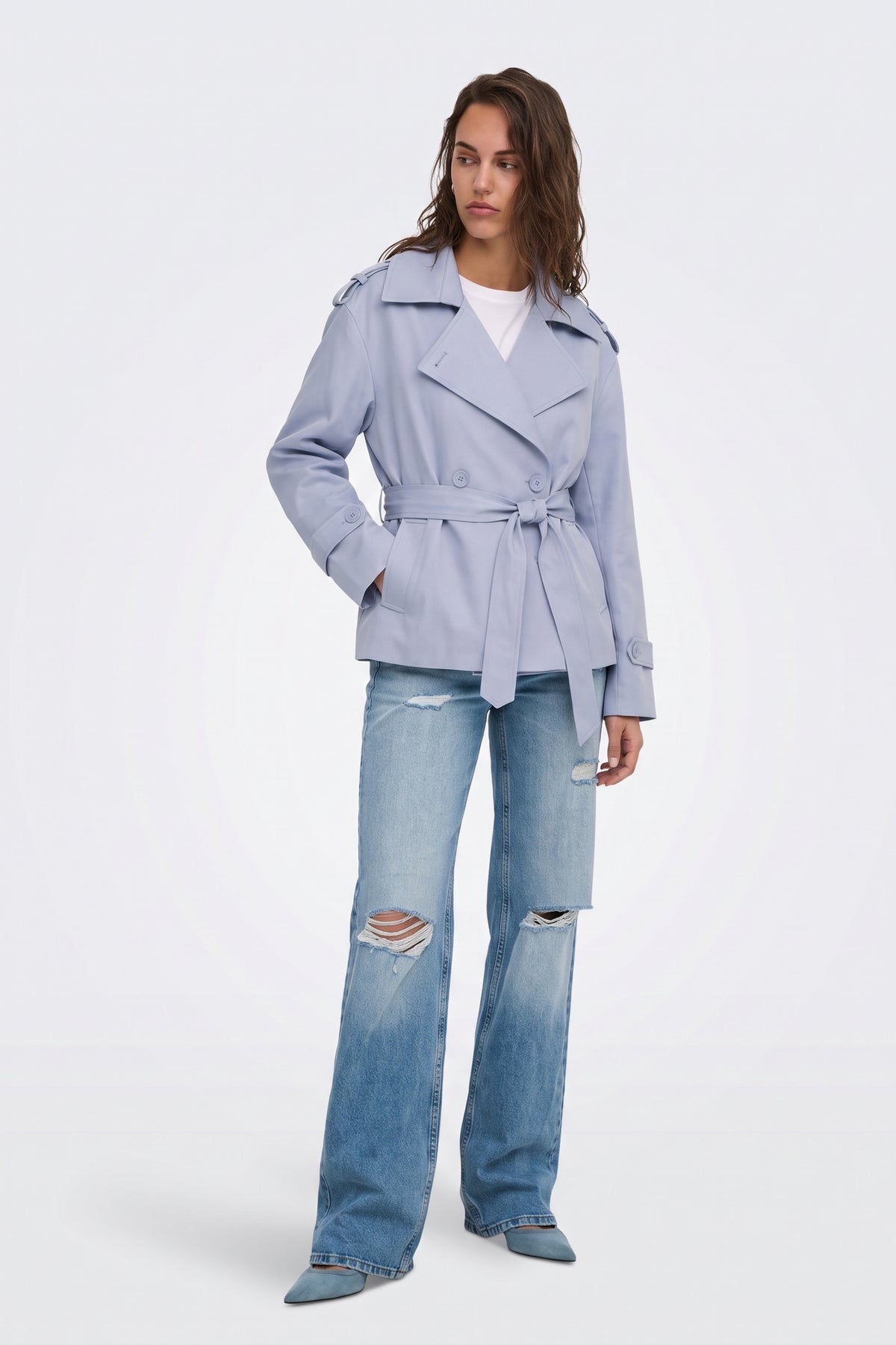Lilac wrap trench jacket side view on model