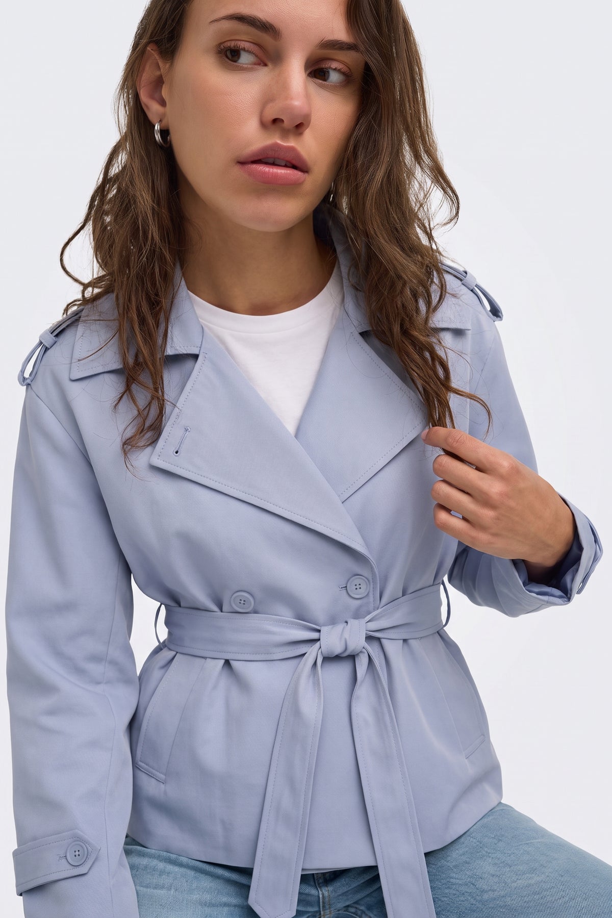 Lilac wrap trench jacket tied at the waist