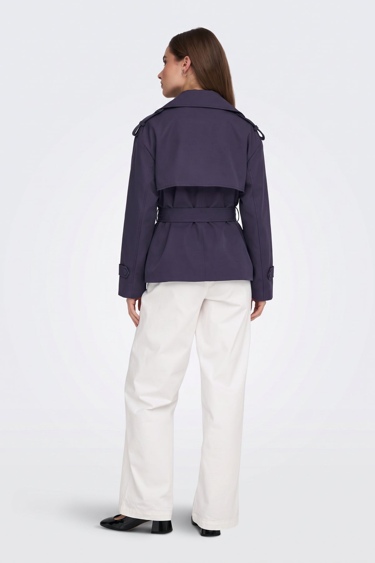 Purple short trench jacket back view with storm flap