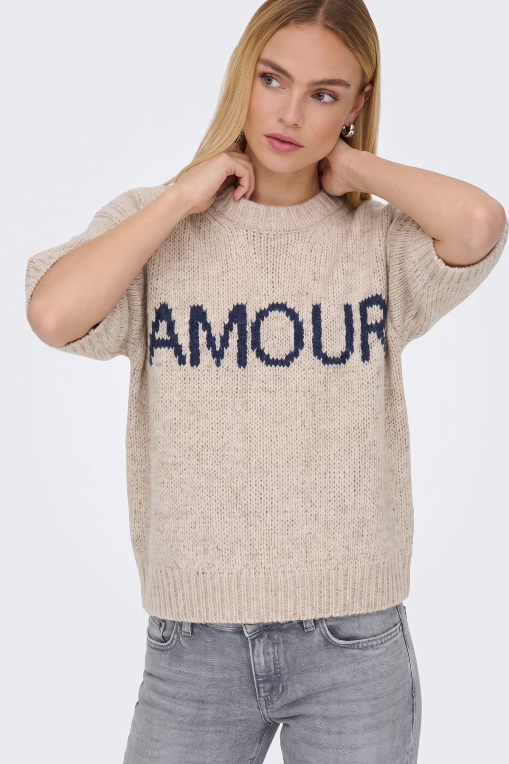 Beige Amour slogan knit jumper, close-up on model