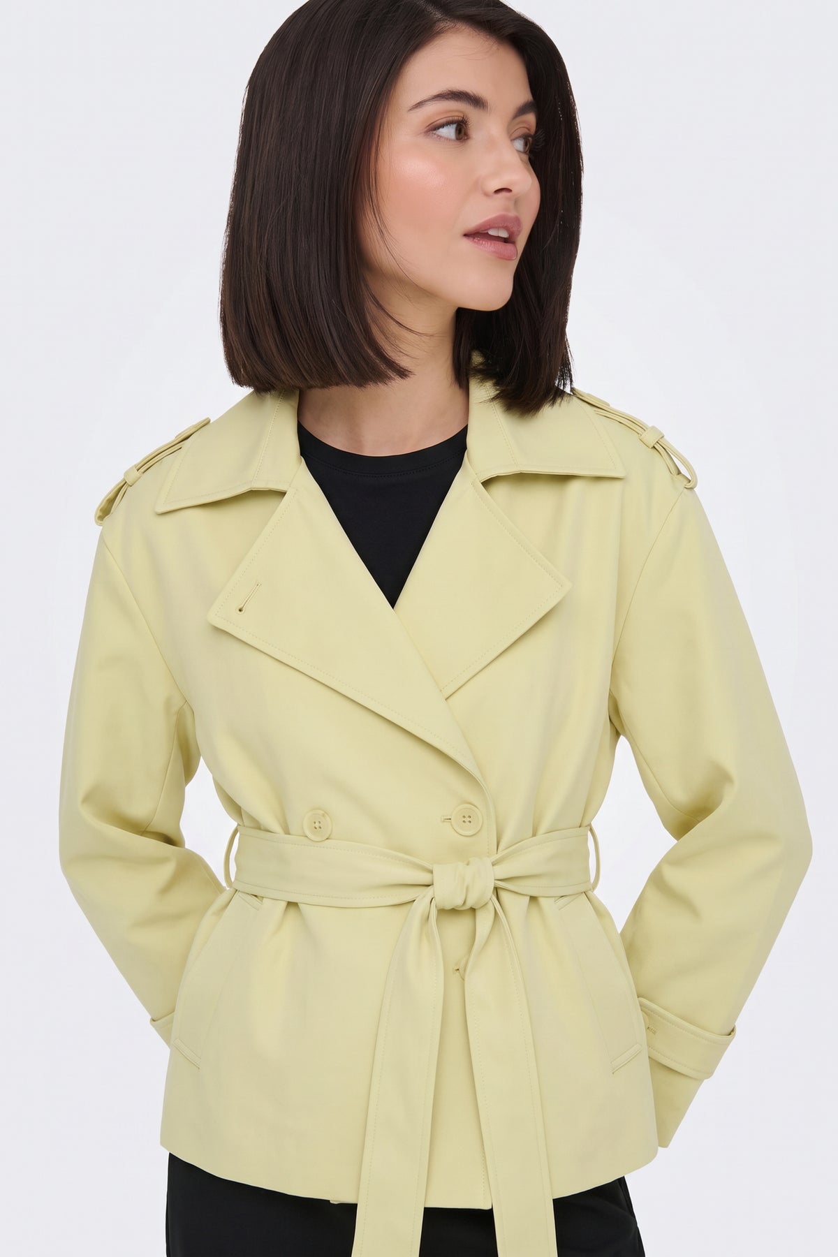 Yellow wrap trench jacket tied at the waist