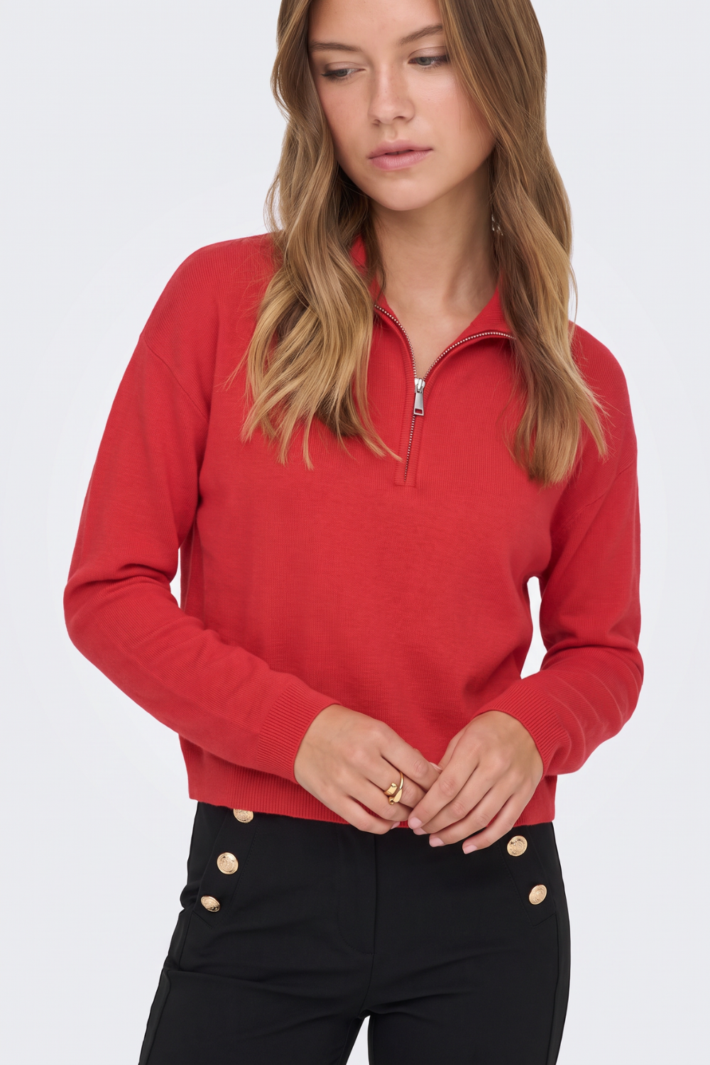 Red knit jumper with funnel collar and half zip, on model