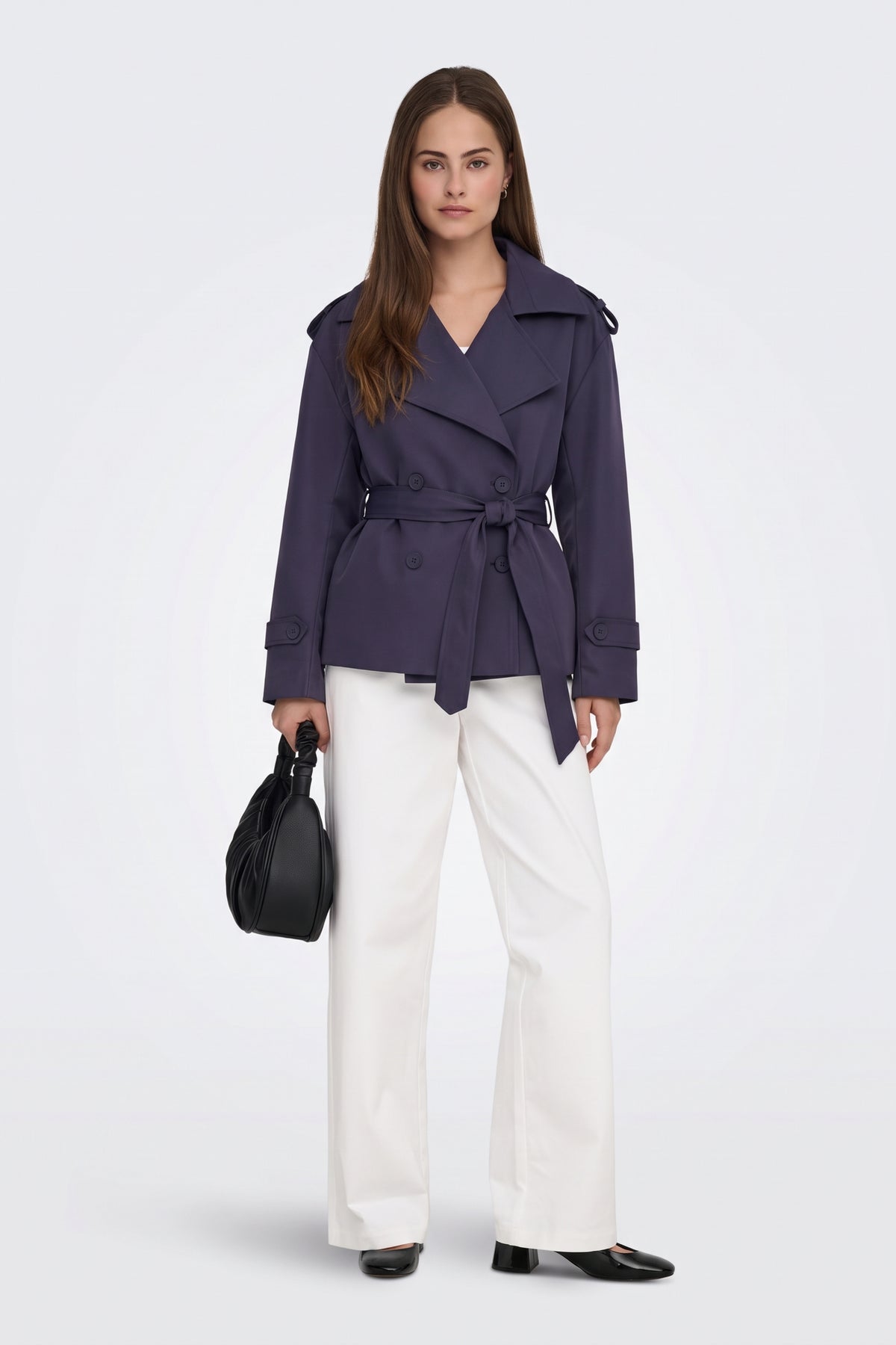 Purple short trench jacket full length on model