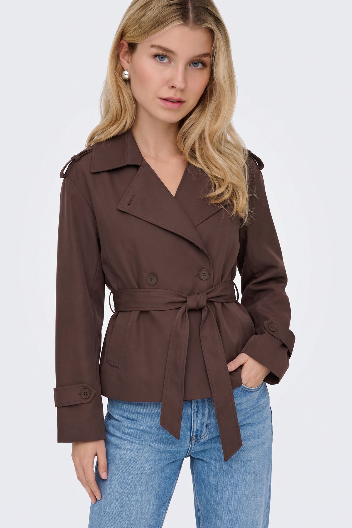 Brown wrap trench jacket tied at the waist