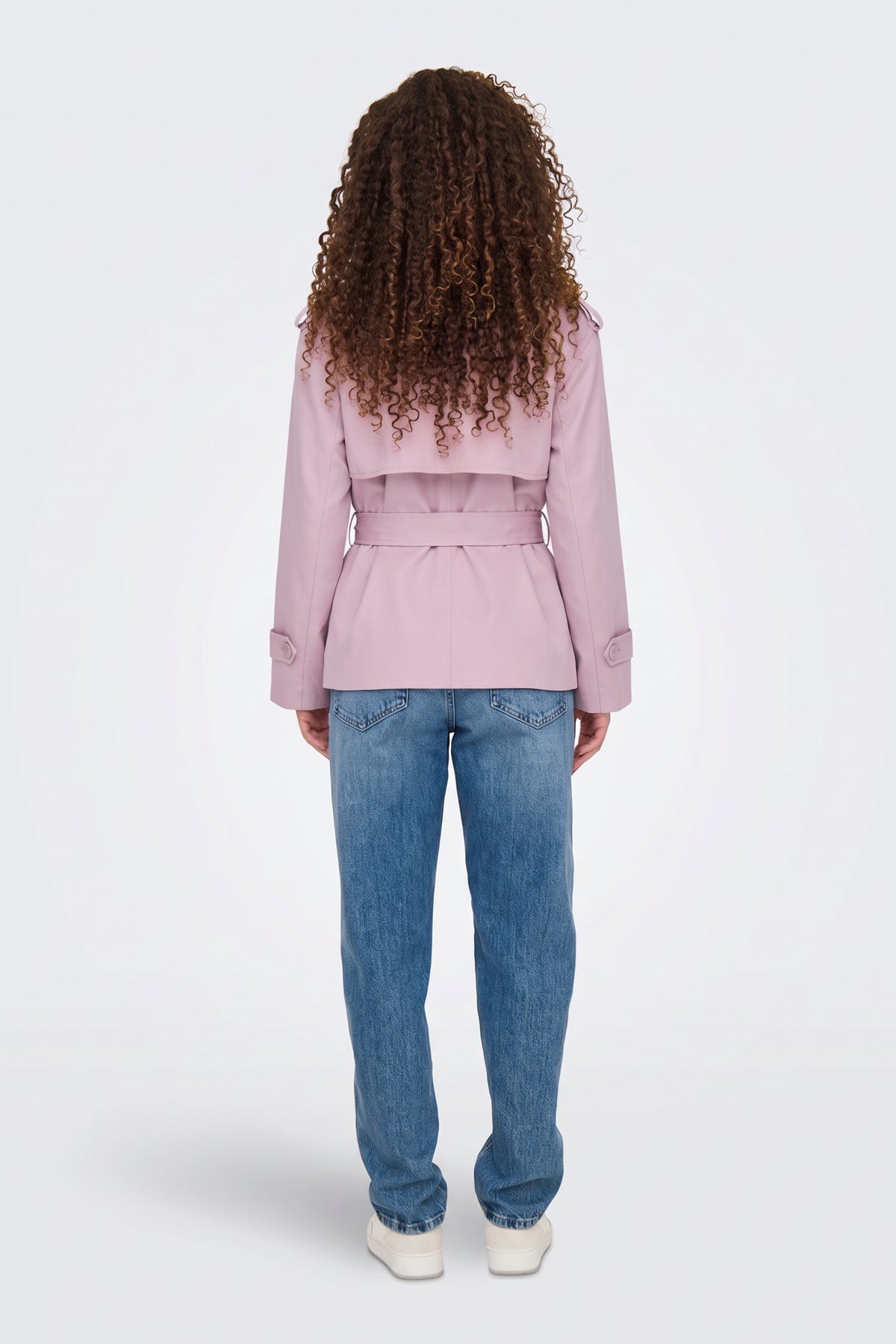 Pink short trench jacket back view with storm flap
