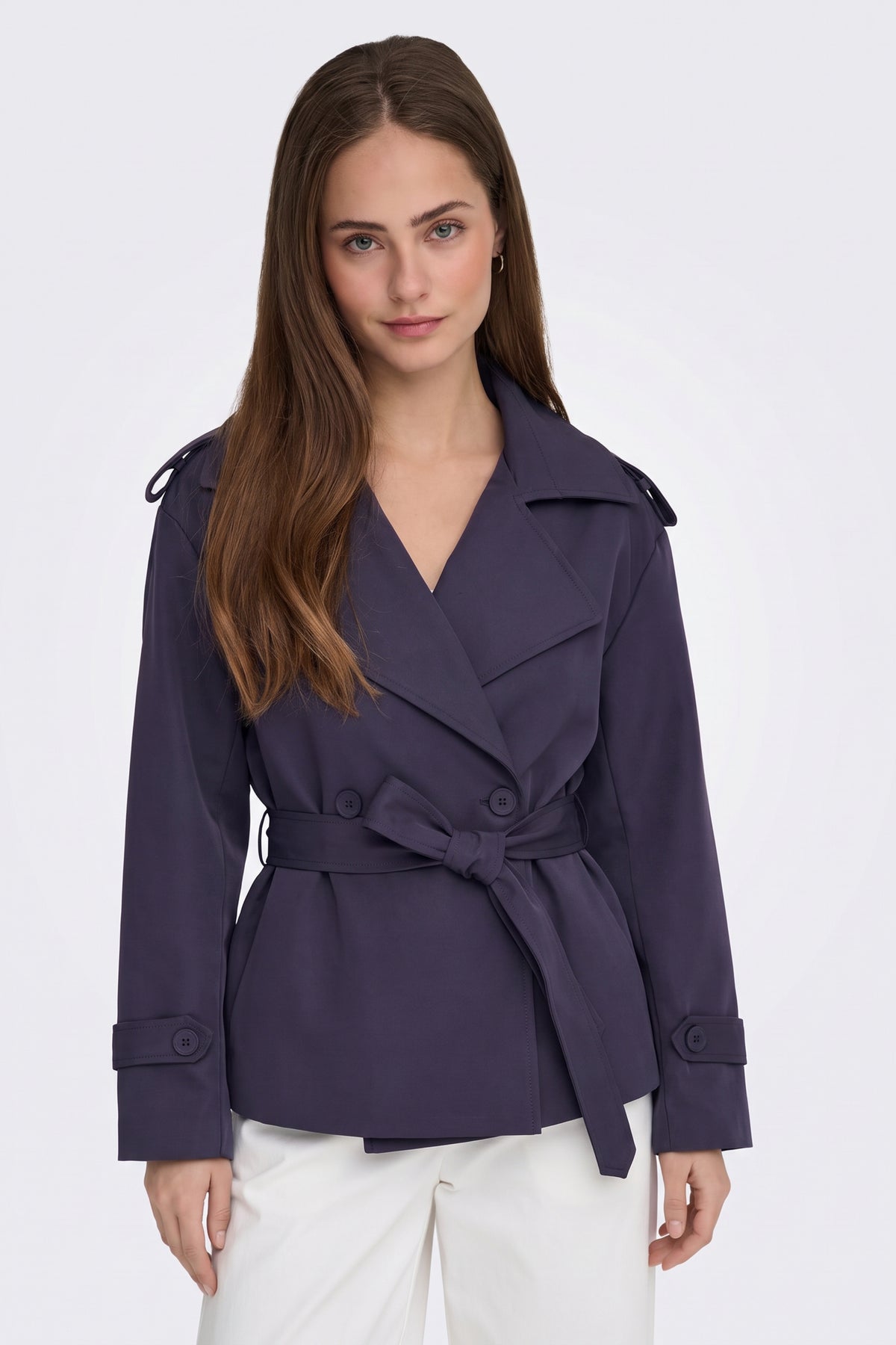 Purple wrap trench jacket tied at the waist