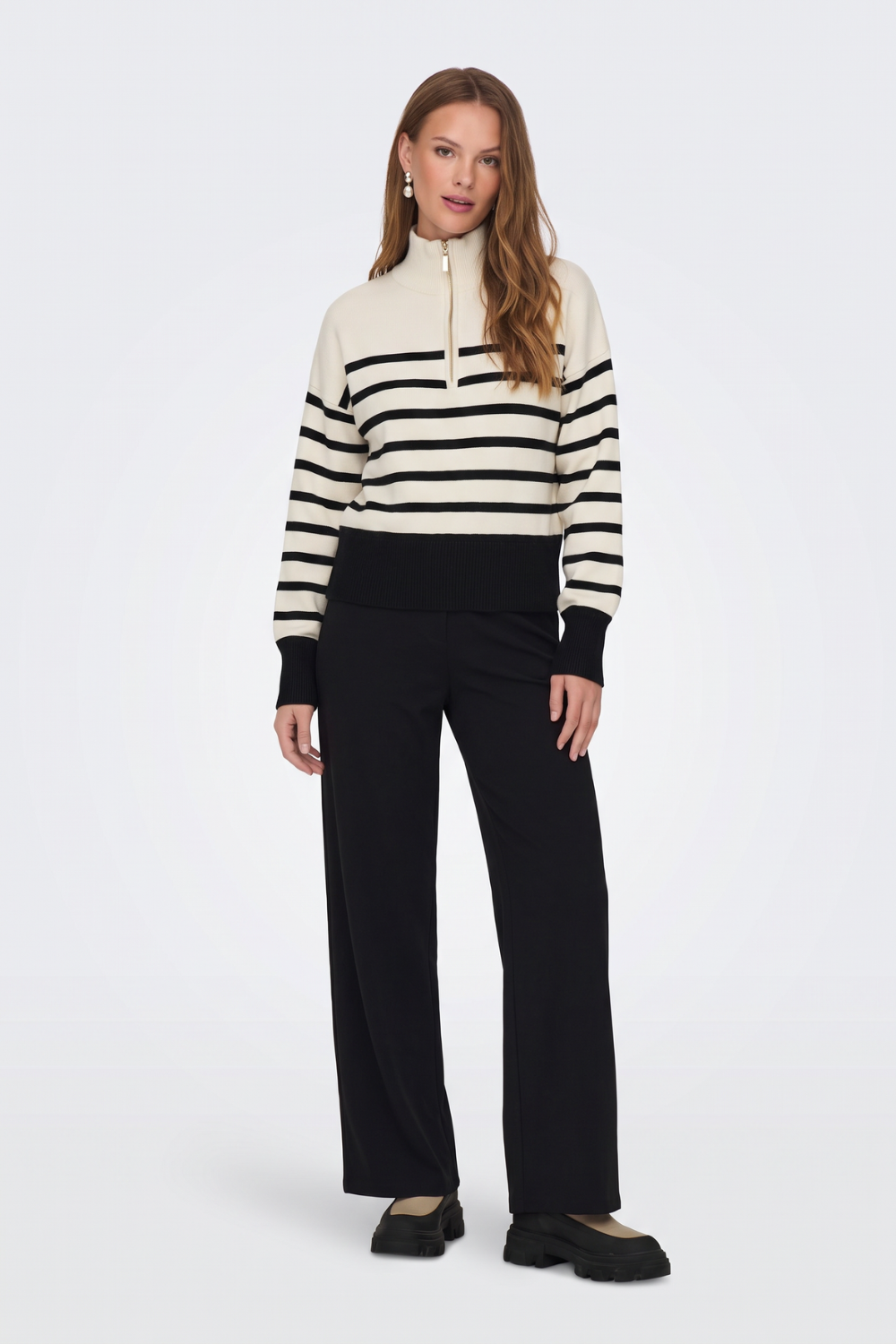 Cream striped half zip jumper, full length on model