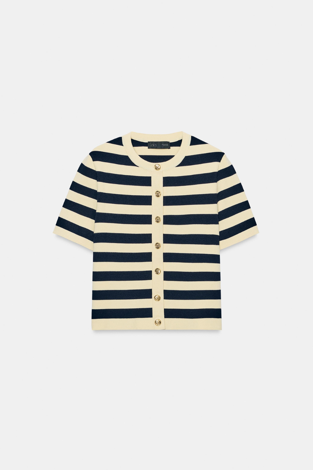 Navy striped cardigan short sleeve cropped women, front