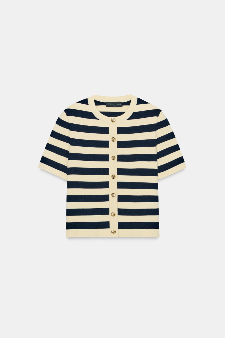 Navy striped cardigan short sleeve cropped women, front