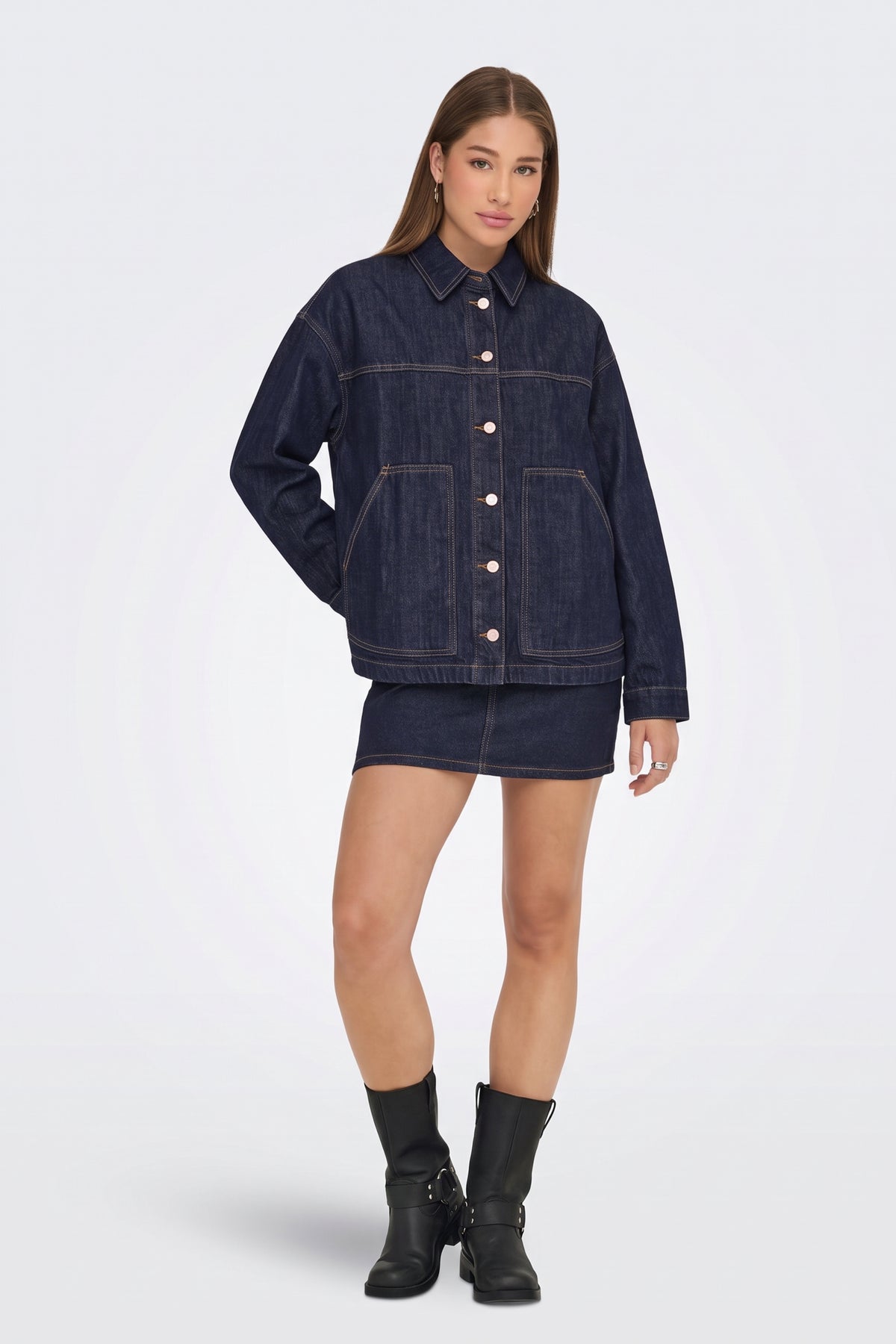 Dark blue oversized denim jacket, full length on model