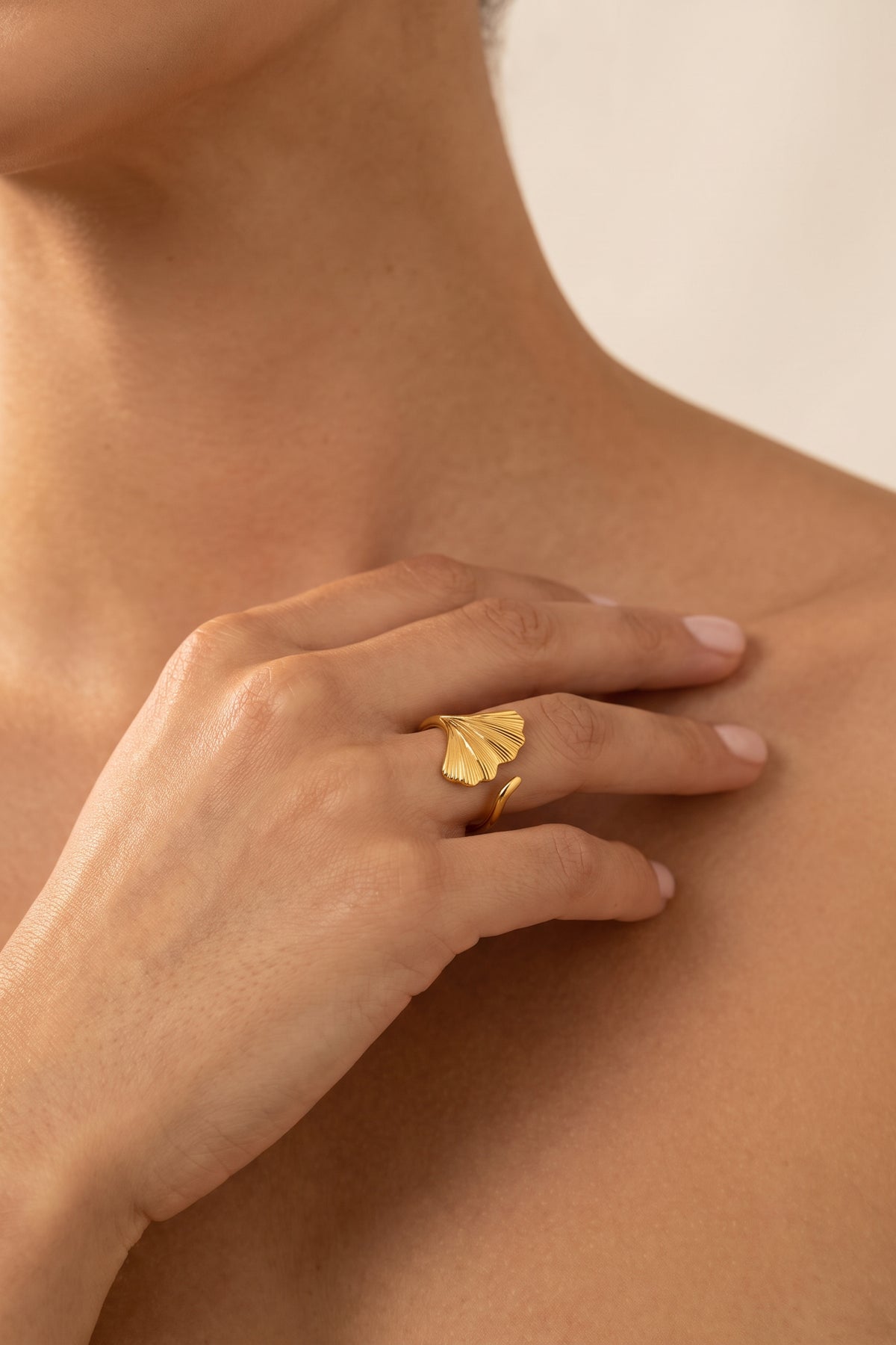 Gold Plated Ring Ginkgo Leaf Open