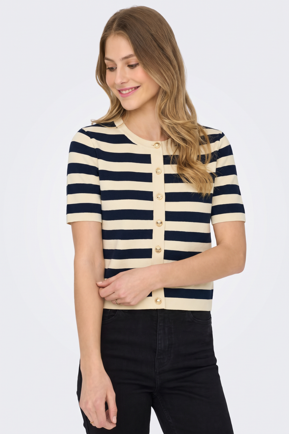 Navy striped cropped cardigan, on model