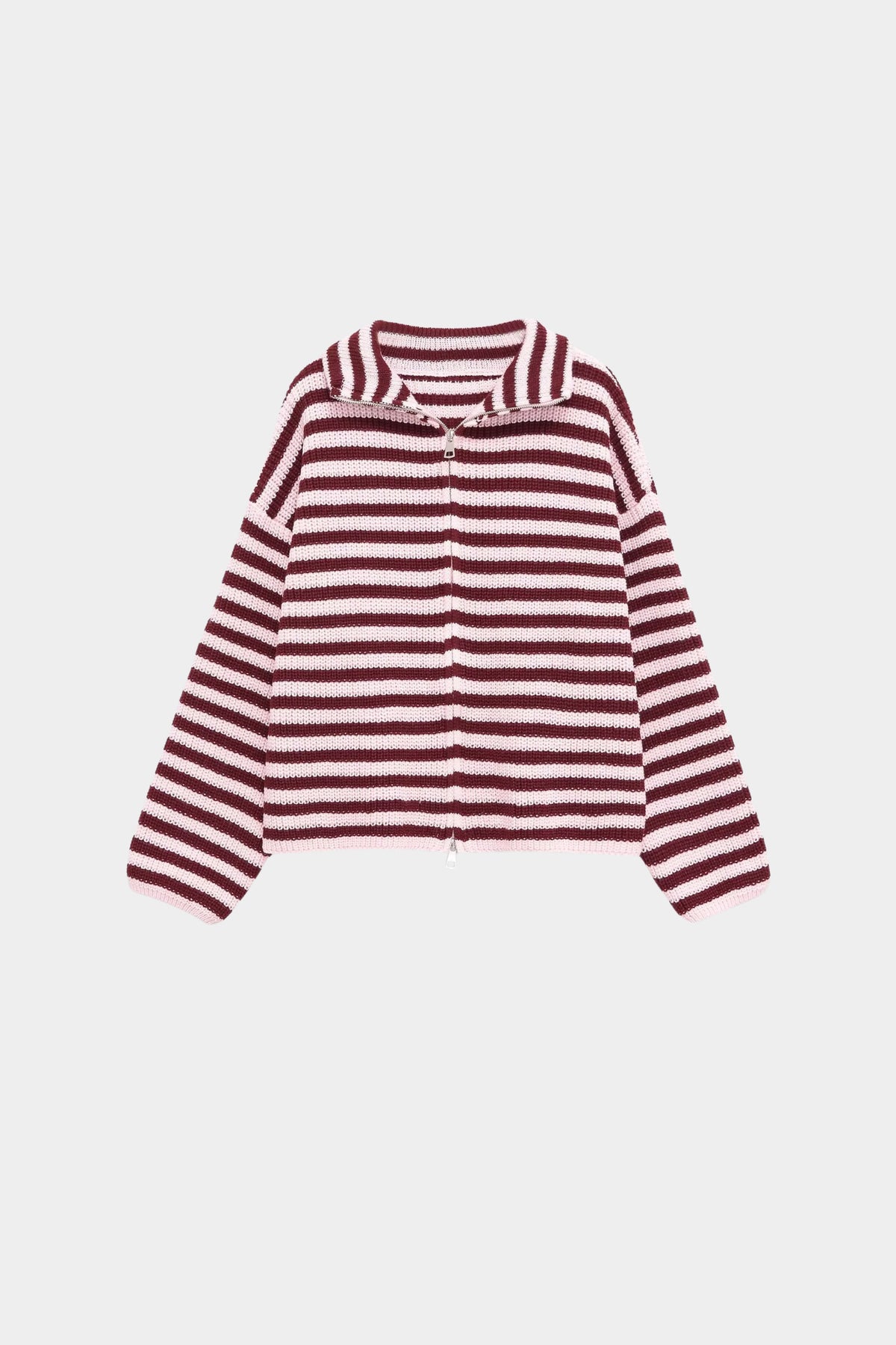 Burgundy knitwear and outerwear piece, flat product shot, front