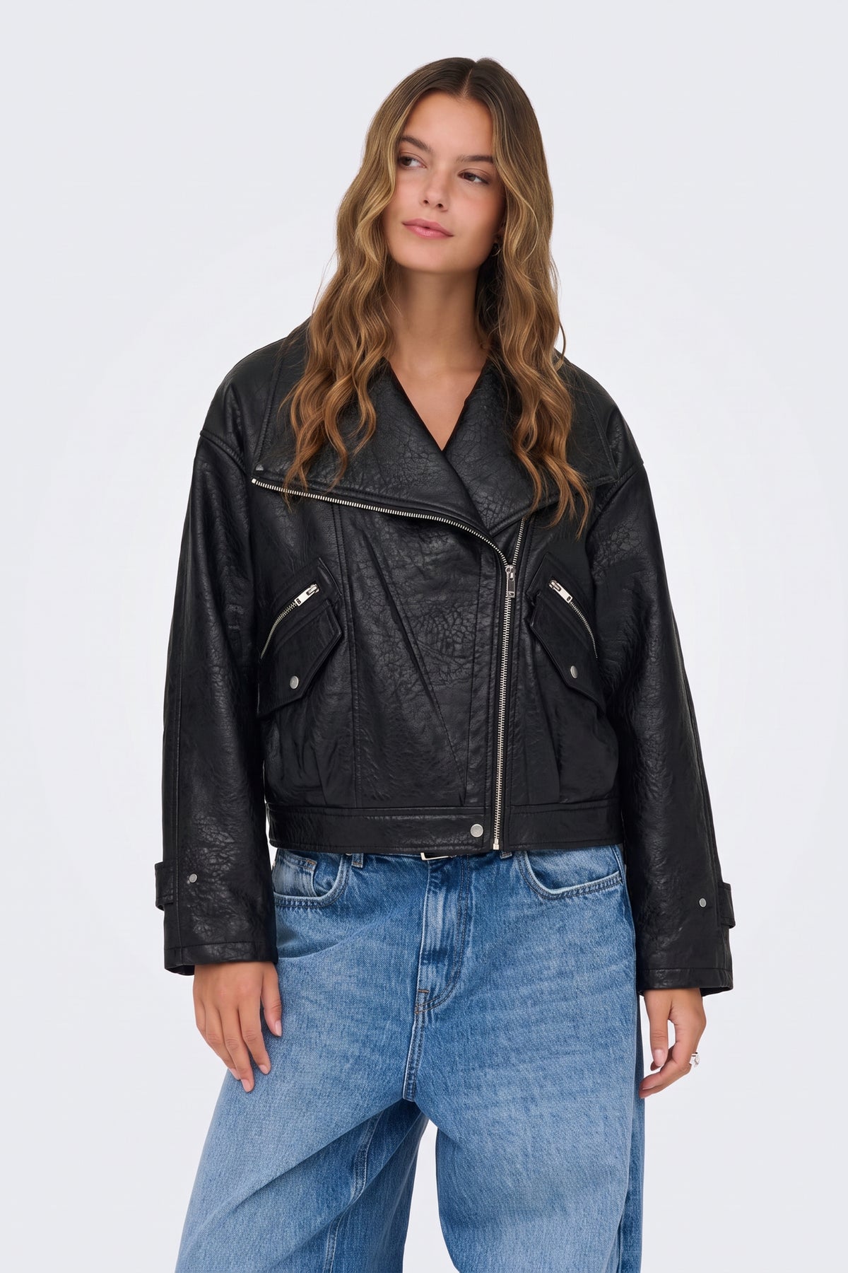Faux Leather Jacket Black Oversized Moto on model, front view