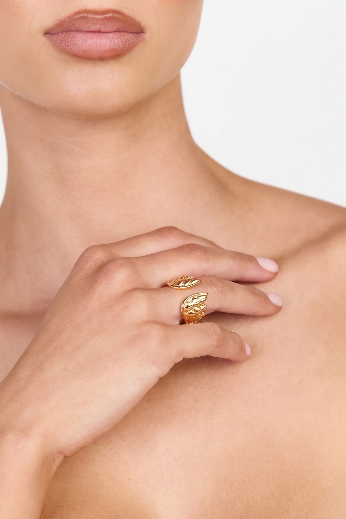Gold Plated Ring Textured Leaf Open