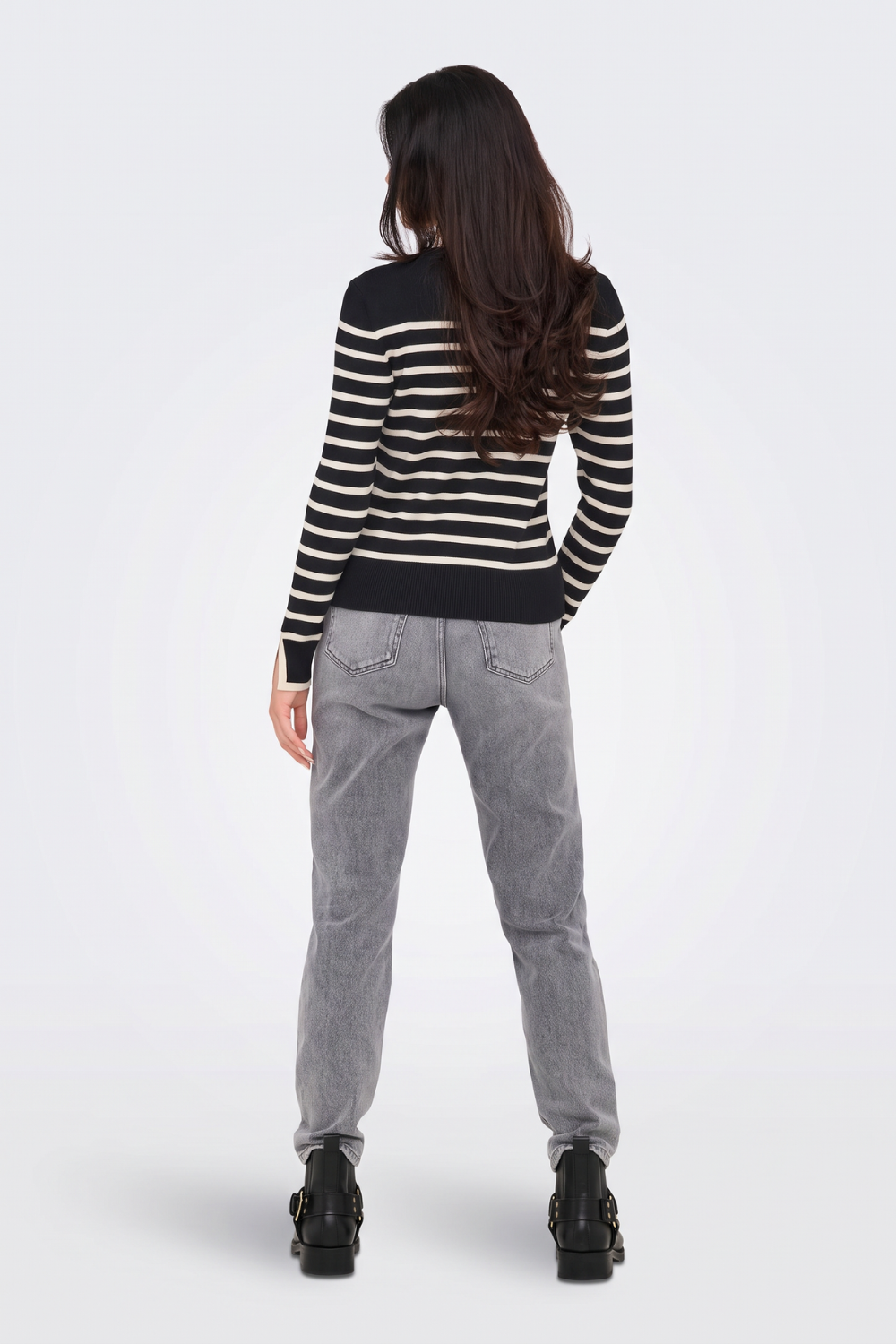 Black breton striped jumper back view on model