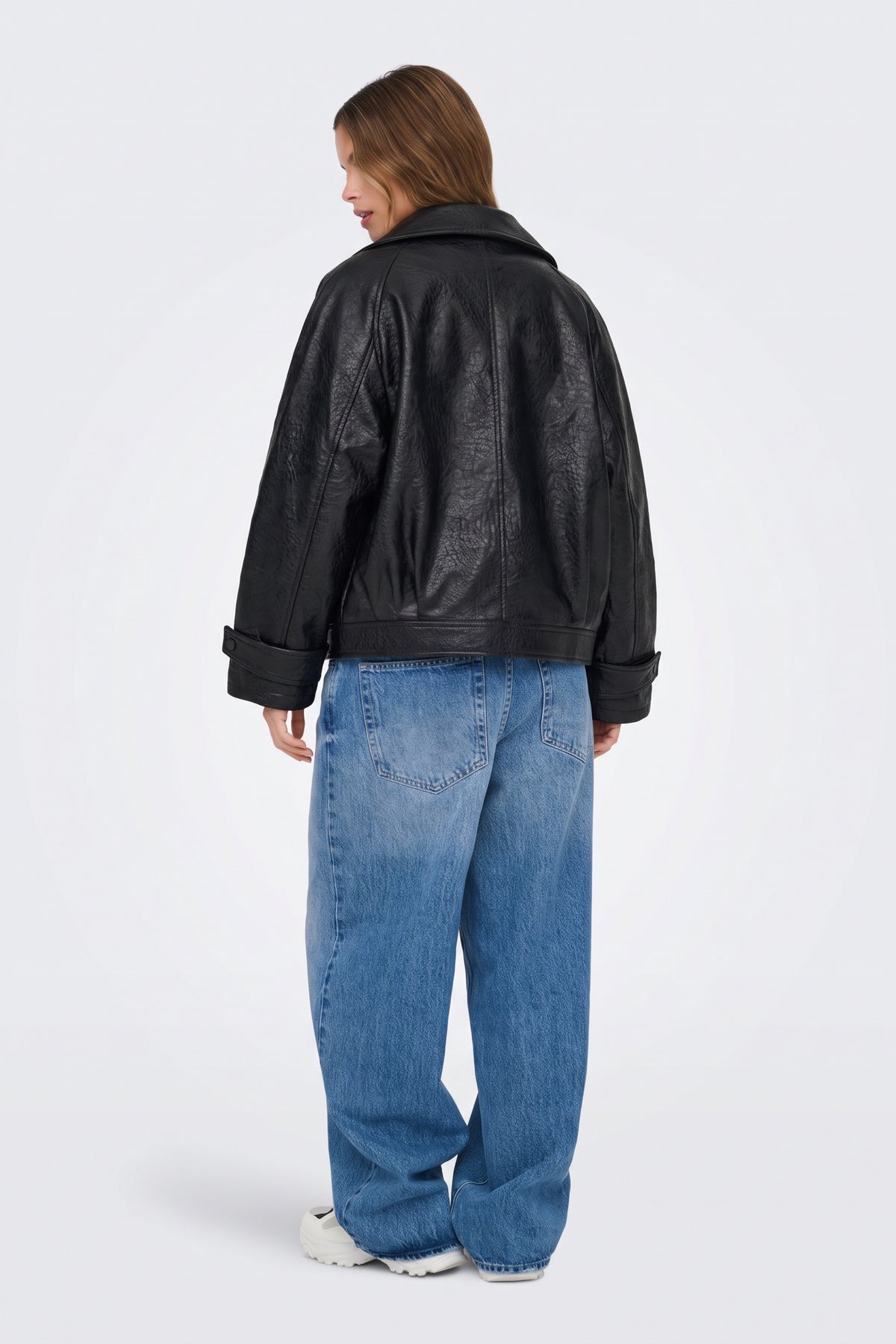 Faux Leather Jacket Black Oversized Moto back view on model