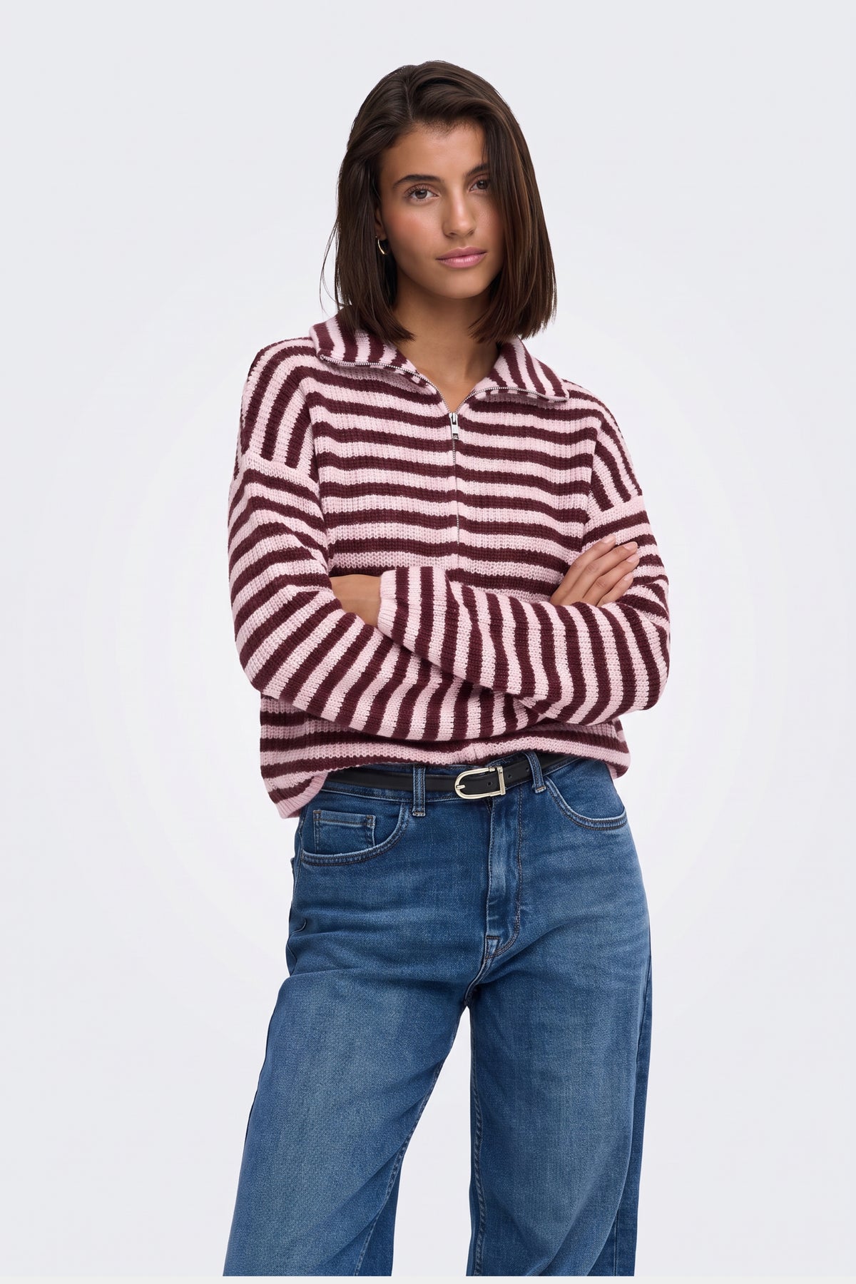 Burgundy piece worn on model, front view