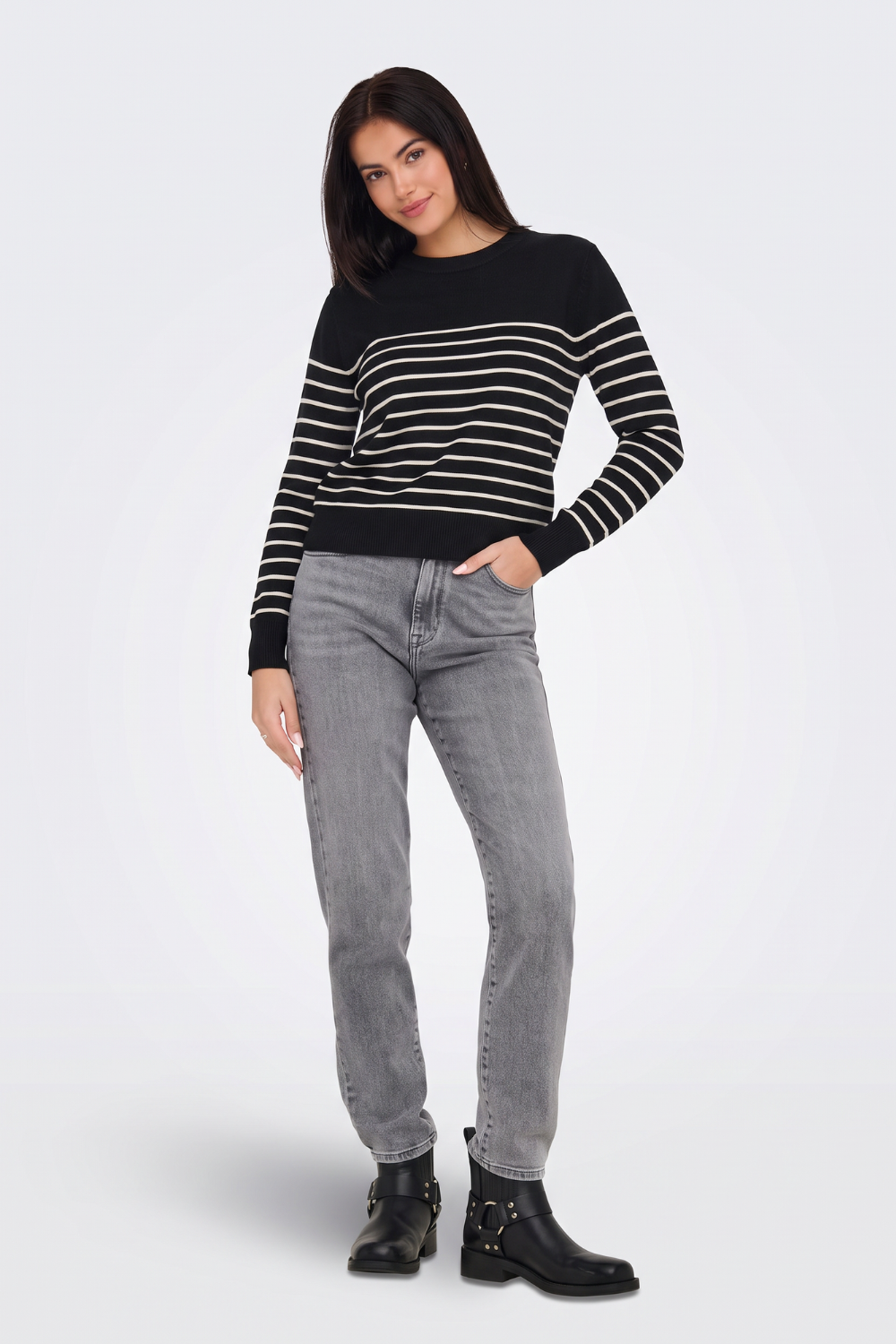 Black breton striped jumper, full length on model