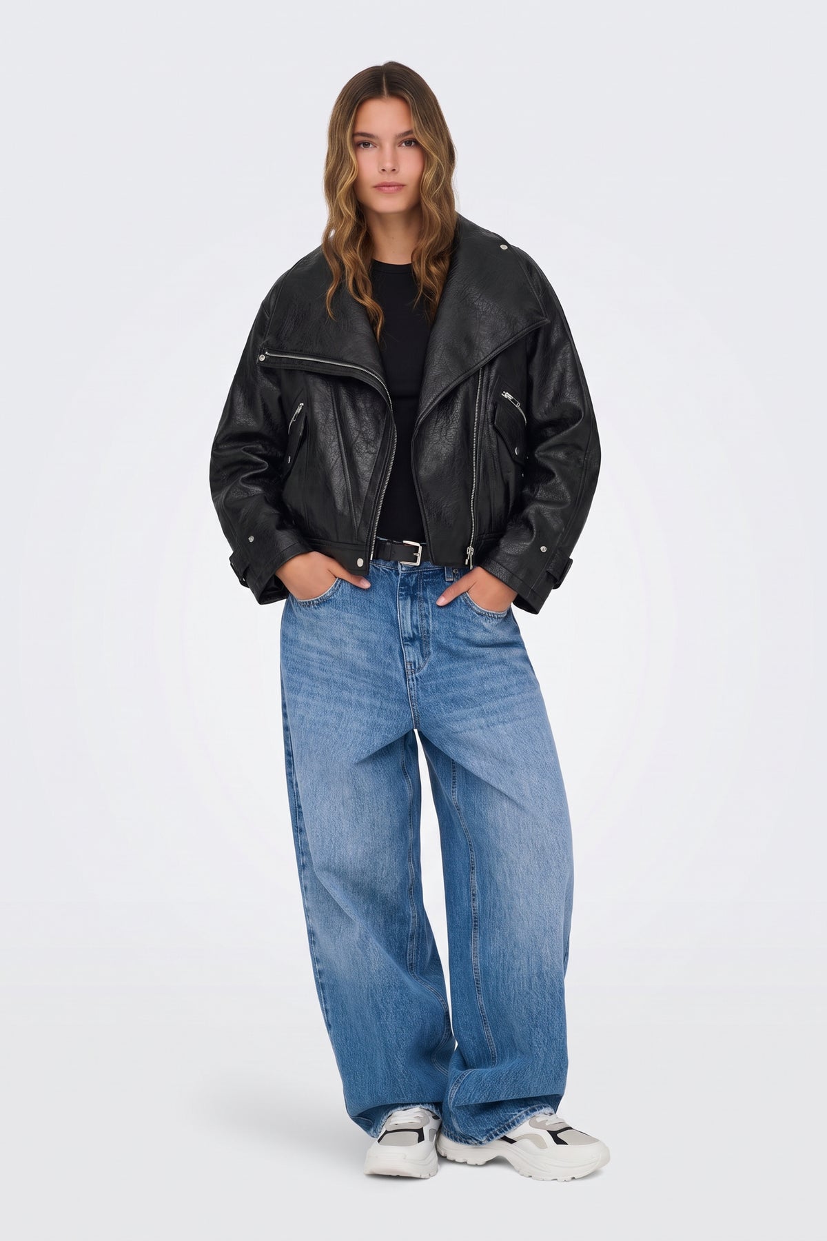 Faux Leather Jacket Black Oversized Moto worn on model