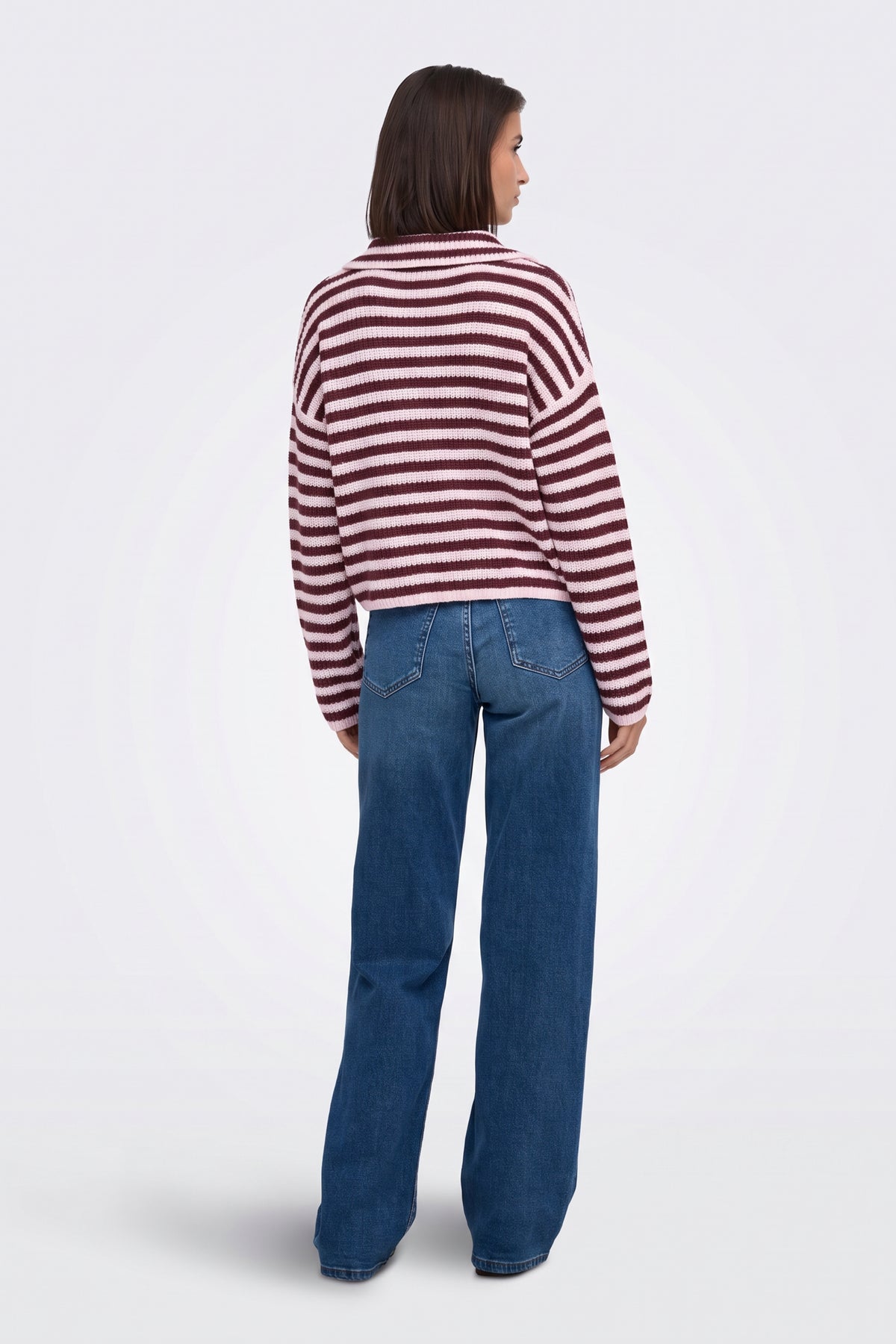 Burgundy piece worn on model, back view