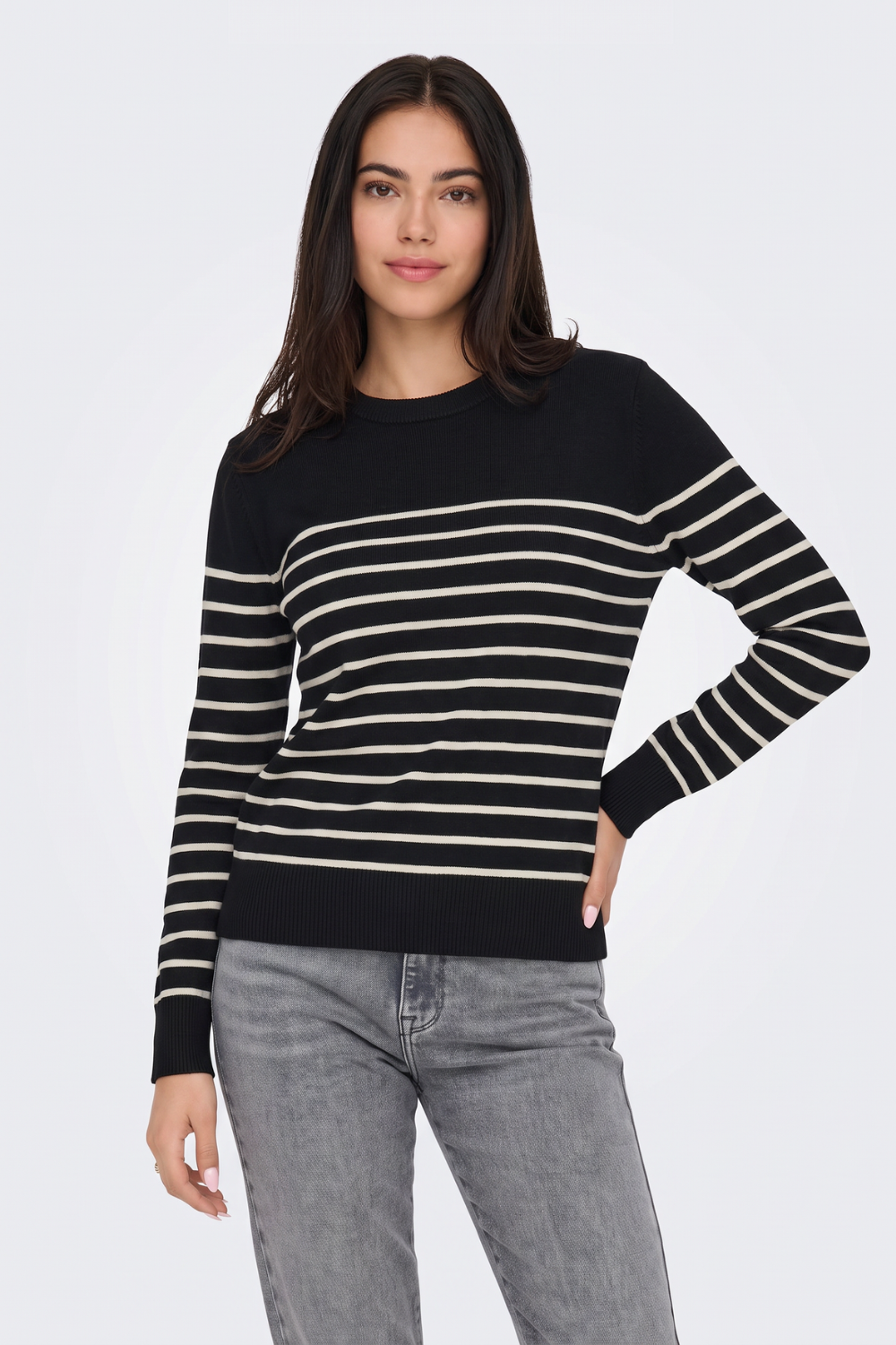 Black striped fine knit jumper with crew neck, on model