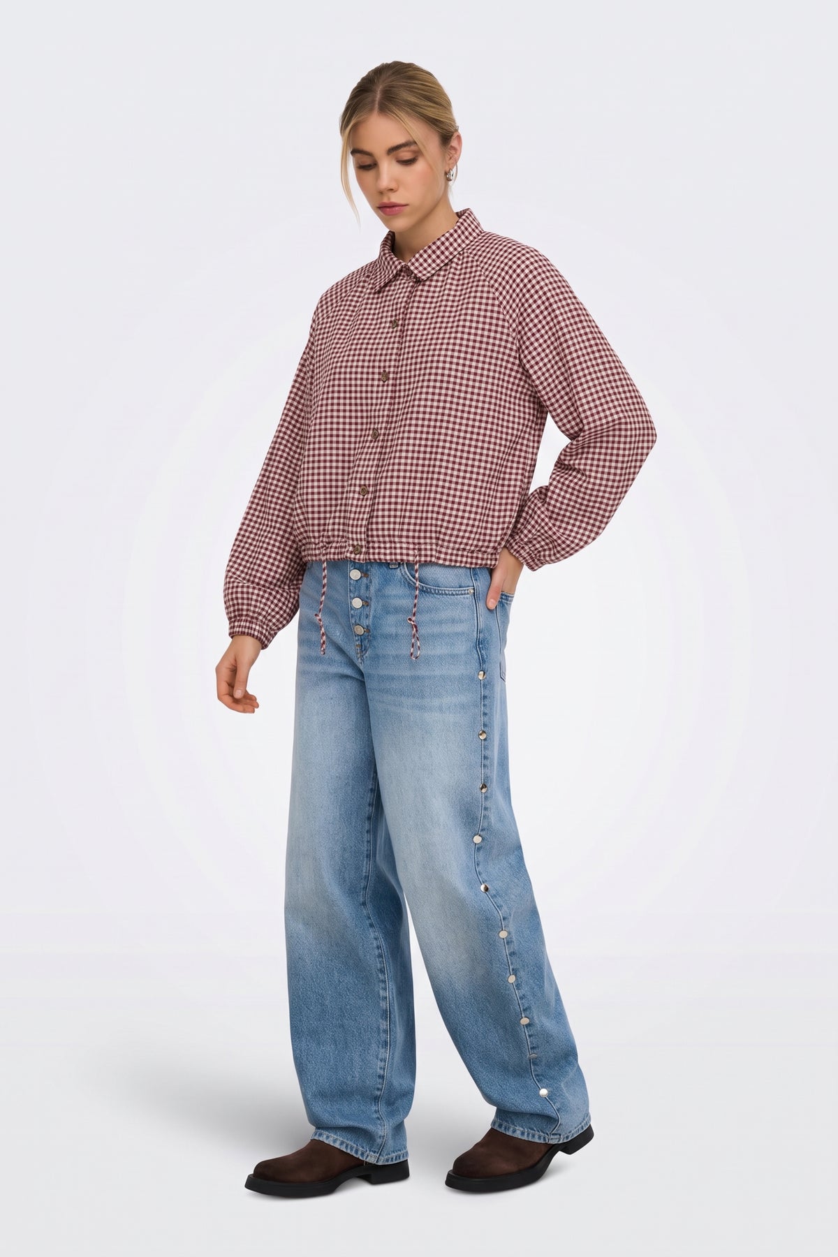 Burgundy gingham check jacket with drawstring hem, full length on model