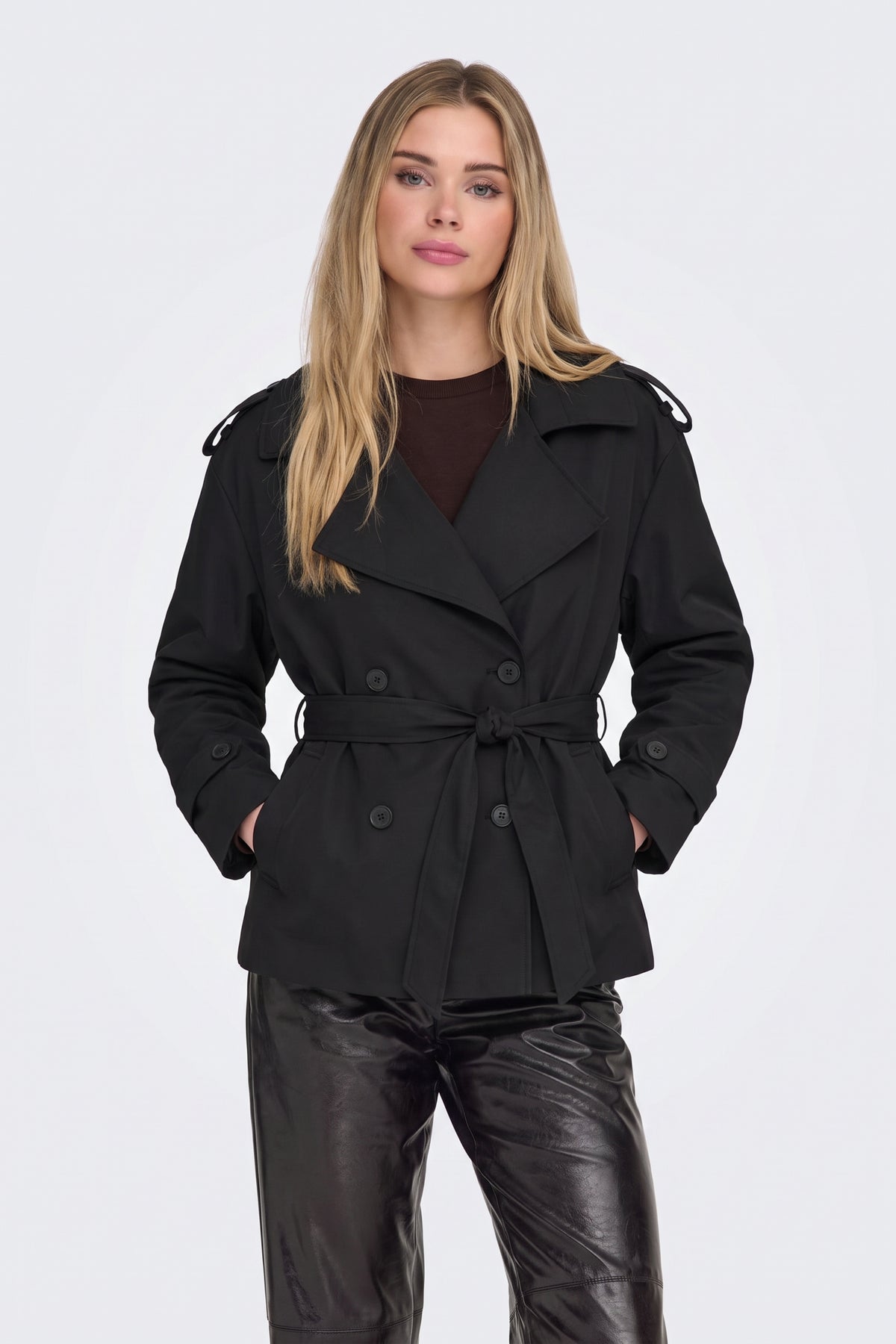 Black short belted trench jacket on model, front view
