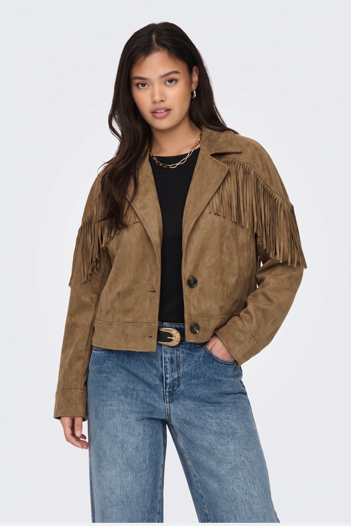 Faux Suede Jacket Tan Fringed Western on model, front view