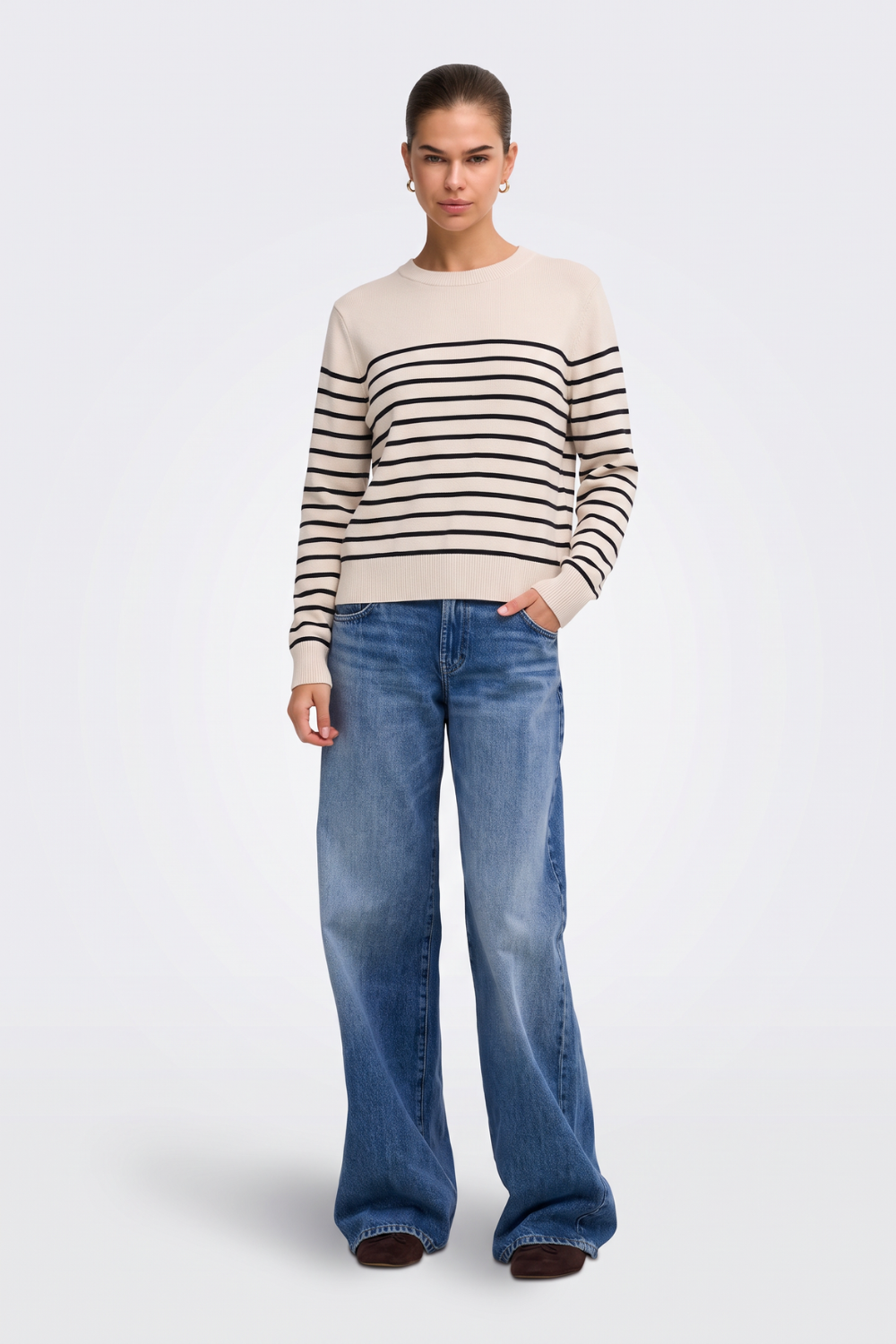 Cream breton striped jumper with wide-leg jeans, full length on model